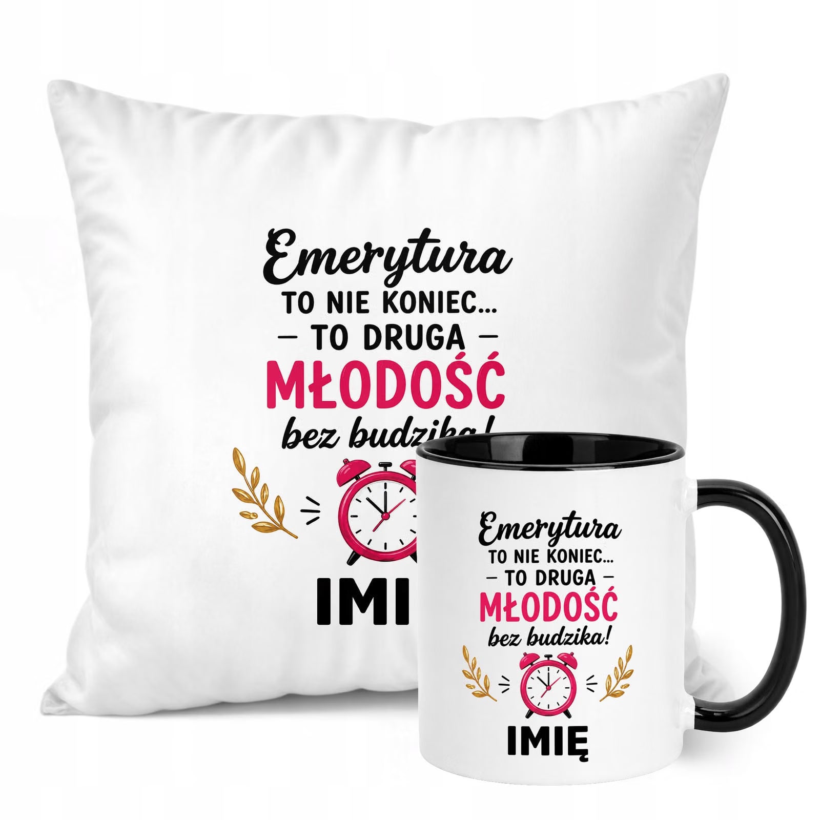 Zestaw Personalizowany Kubek Czarny Poduszka Emerytura Upominek Prezent