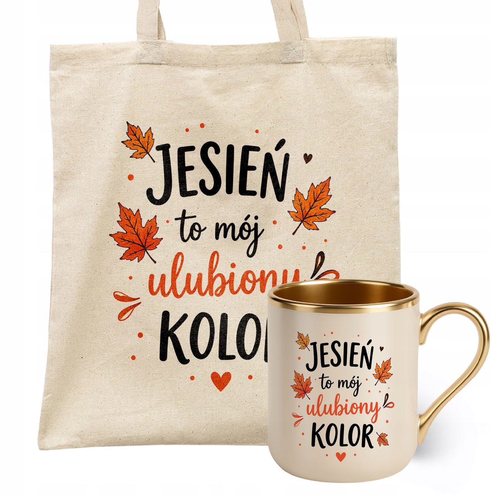 Zestaw Kubek Premium Złoty Ecru Torba Shopper Ecru Z Nadrukiem Jesień