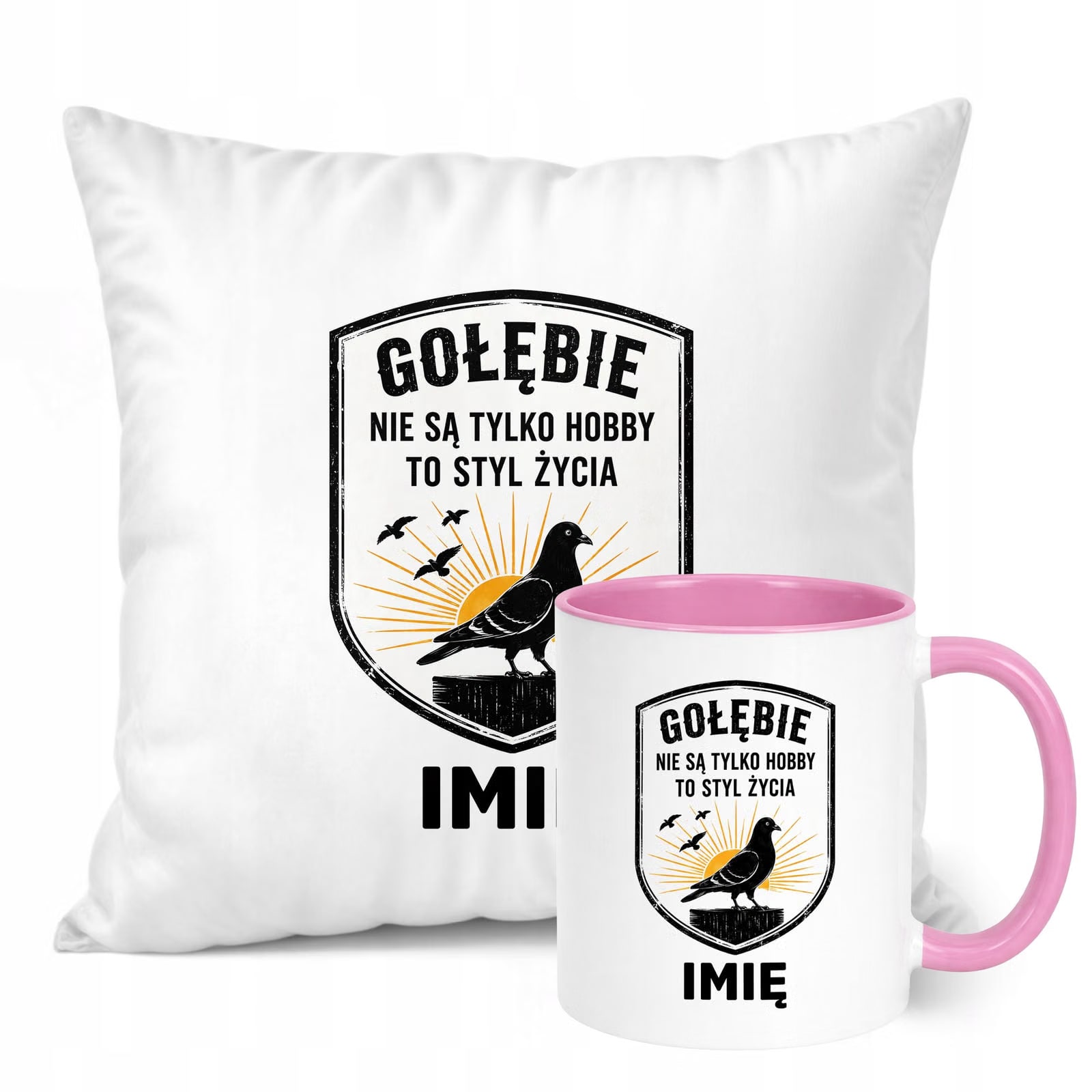 Zestaw Personalizowany Kubek Różowy Poduszka Z Nadrukiem Dla Gołębiarza