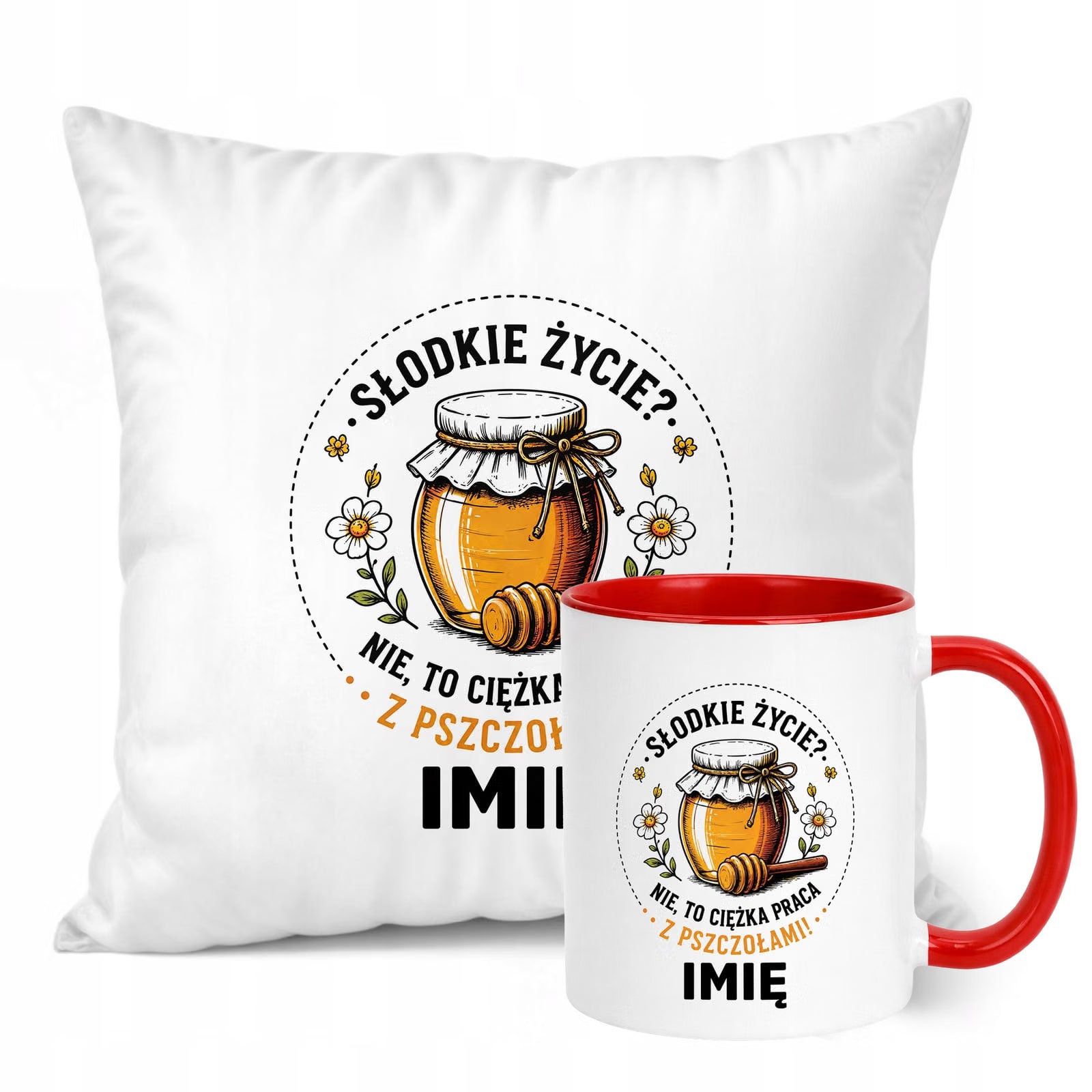 Zestaw Personalizowany Kubek Czerwony Poduszka Z Nadrukiem Dla Pszczelarza