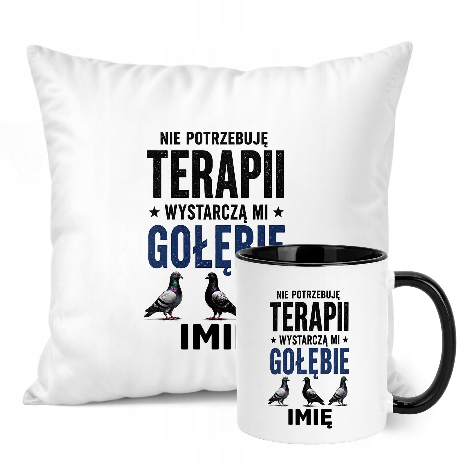 Zestaw Personalizowany Kubek Czarny Poduszka Z Nadrukiem Dla Gołębiarza