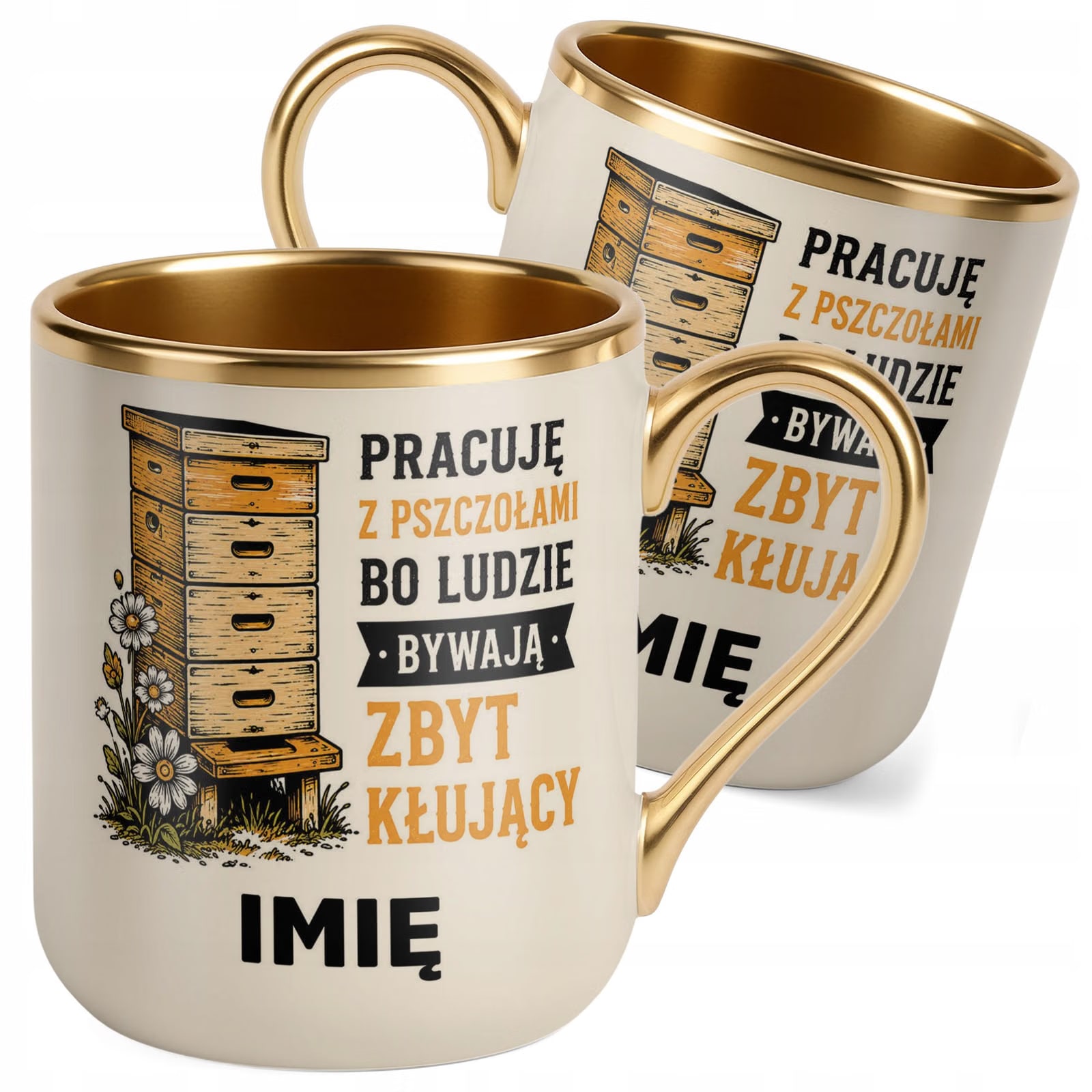 Kubek Personalizowany z nadrukiem Premium Złoty Ecru Dla Pszczelarza