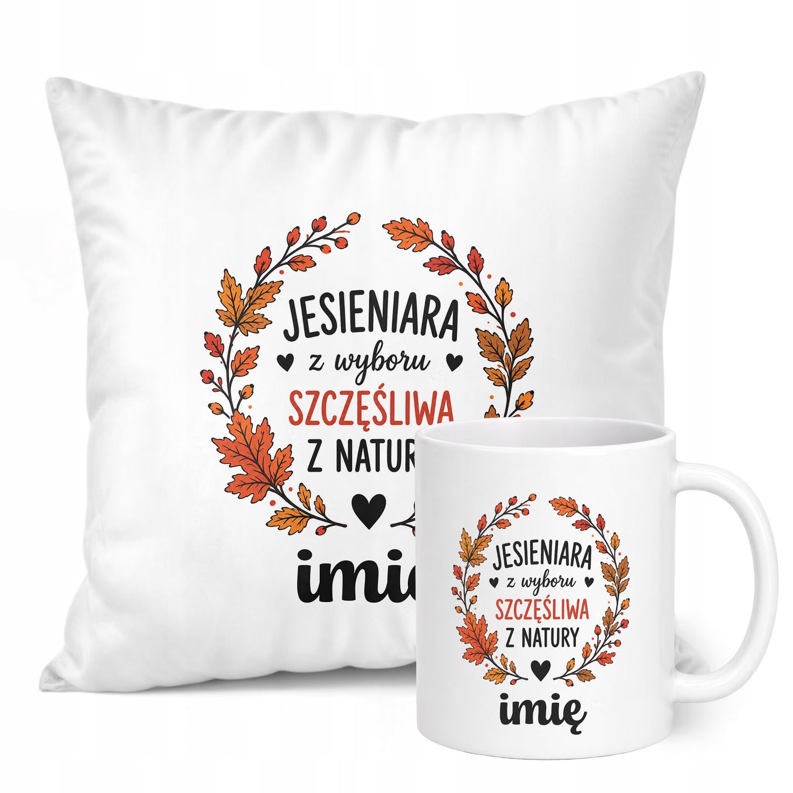Zestaw Personalizowany Kubek Biały Poduszka Jesień Jesienny Z Nadrukiem