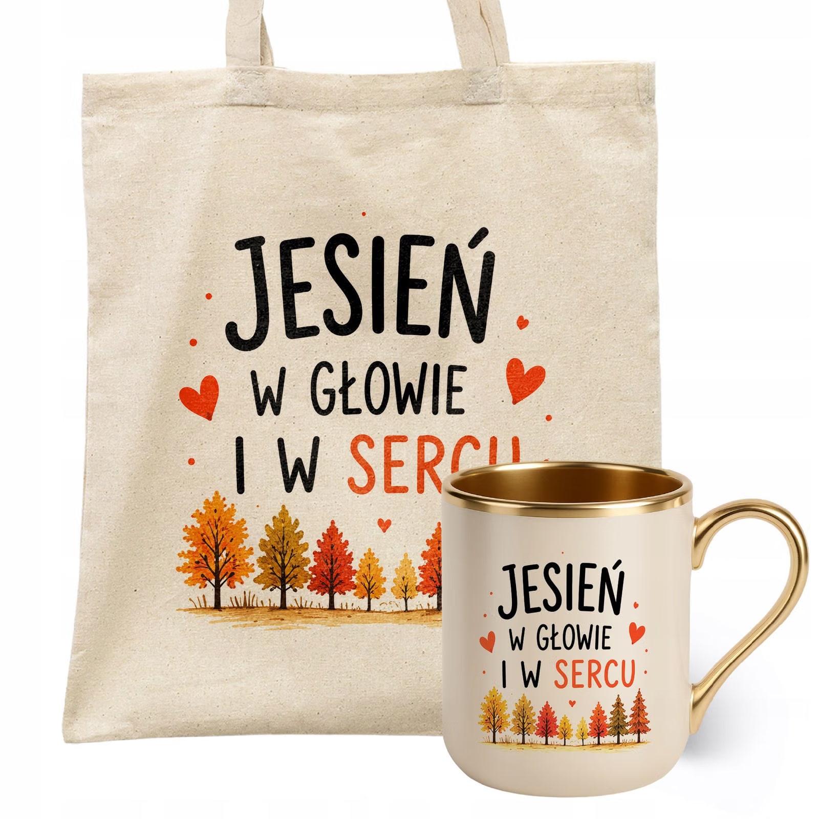 Zestaw Kubek Premium Złoty Ecru Torba Shopper Ecru Z Nadrukiem Jesień