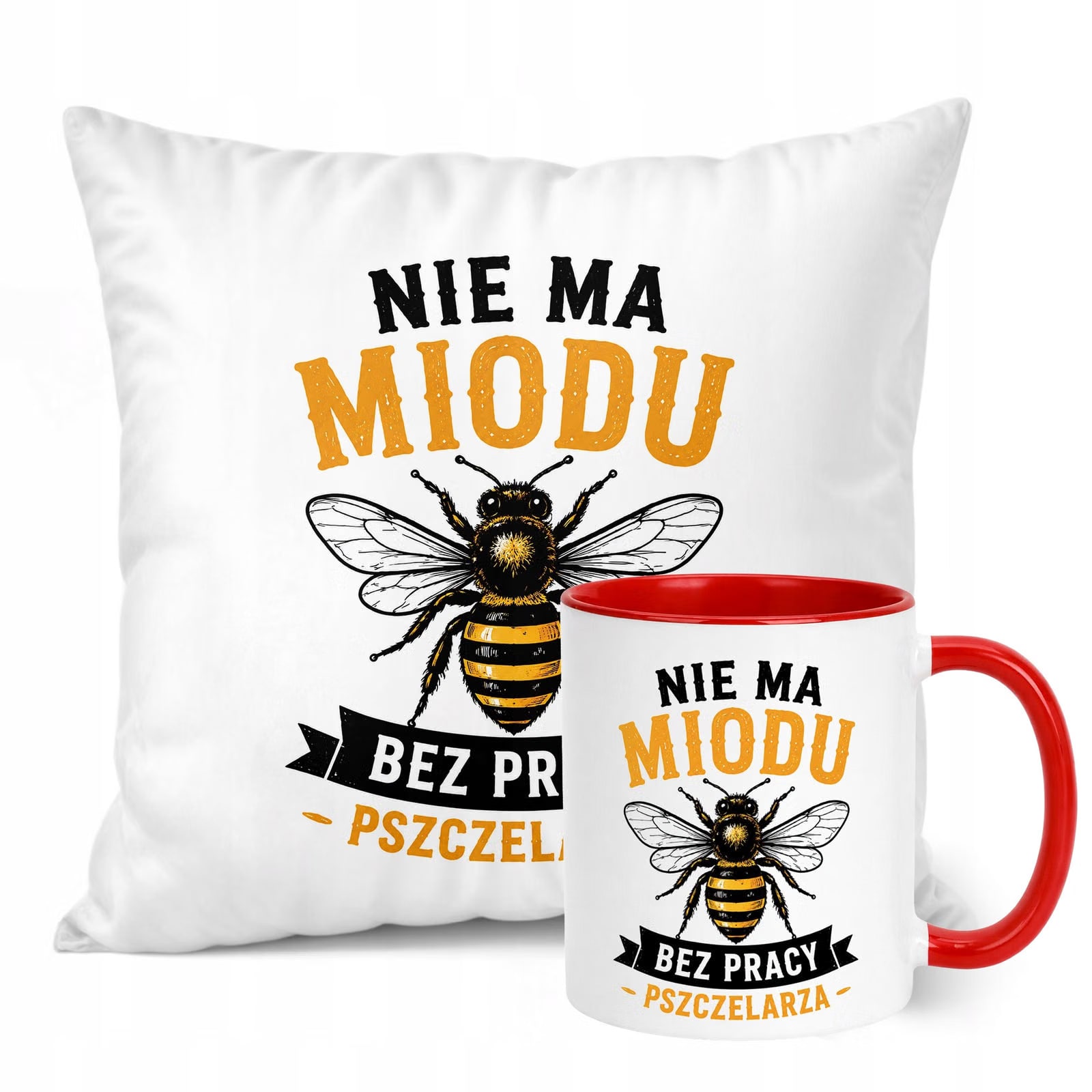 Zestaw Kubek Czerwony Poduszka Z Nadrukiem Dla Pszczelarza Prezent