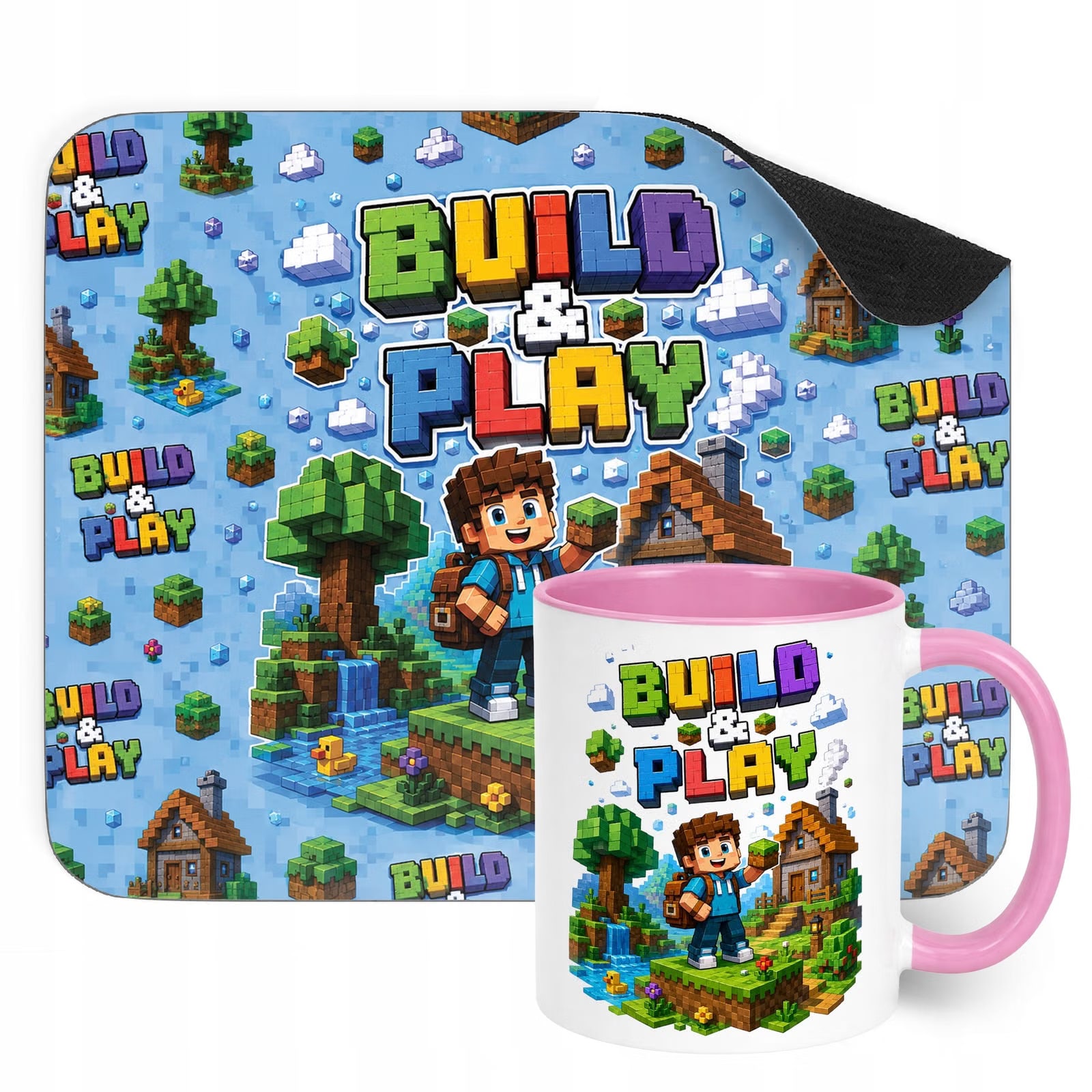 Zestaw Kubek Różowy Podkładka pod mysz z nadrukiem gra Build&Play