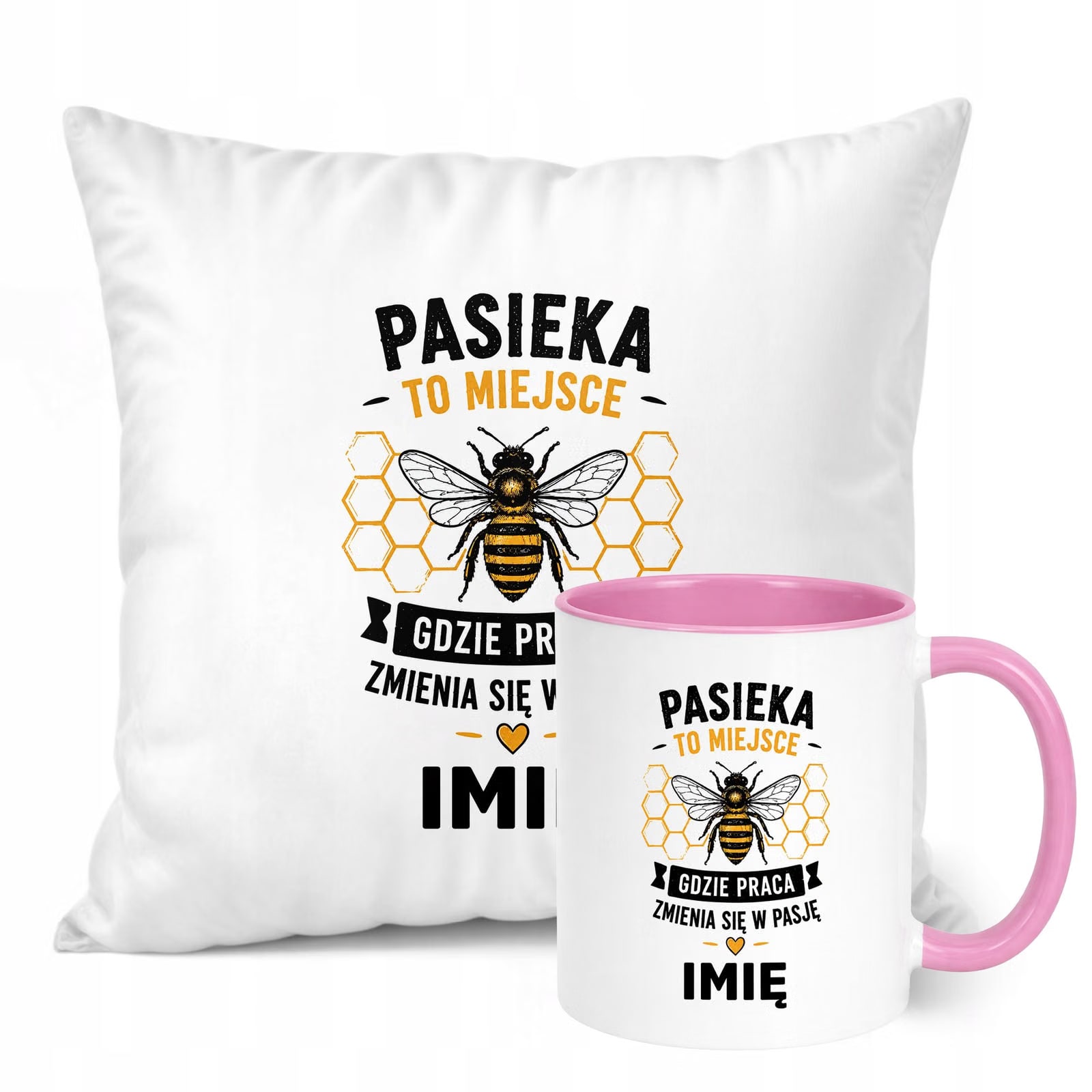 Zestaw Personalizowany Kubek Różowy Poduszka Z Nadrukiem Dla Pszczelarza