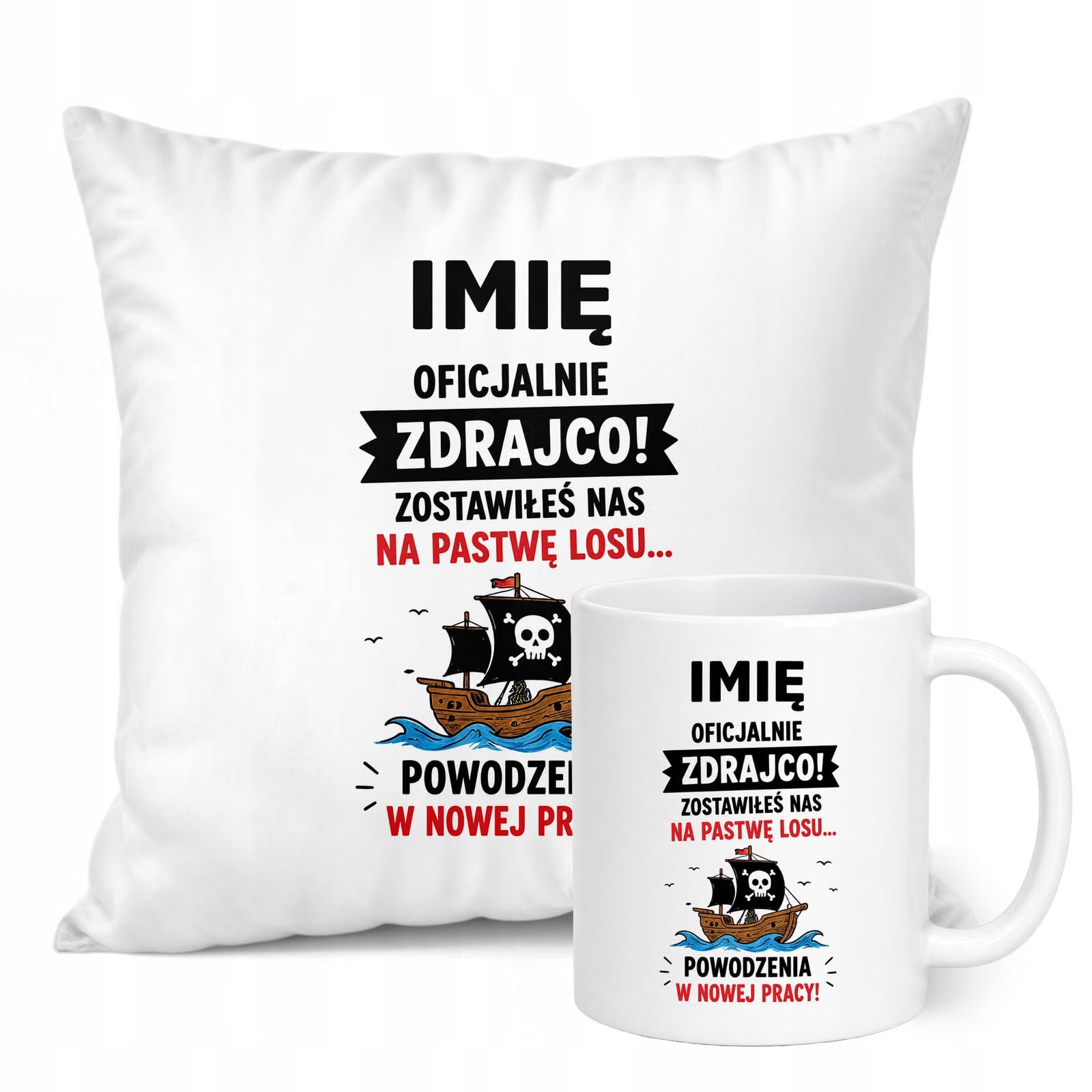 Zestaw Personalizowany Kubek Biały Poduszka Odejście z Pracy Prezent