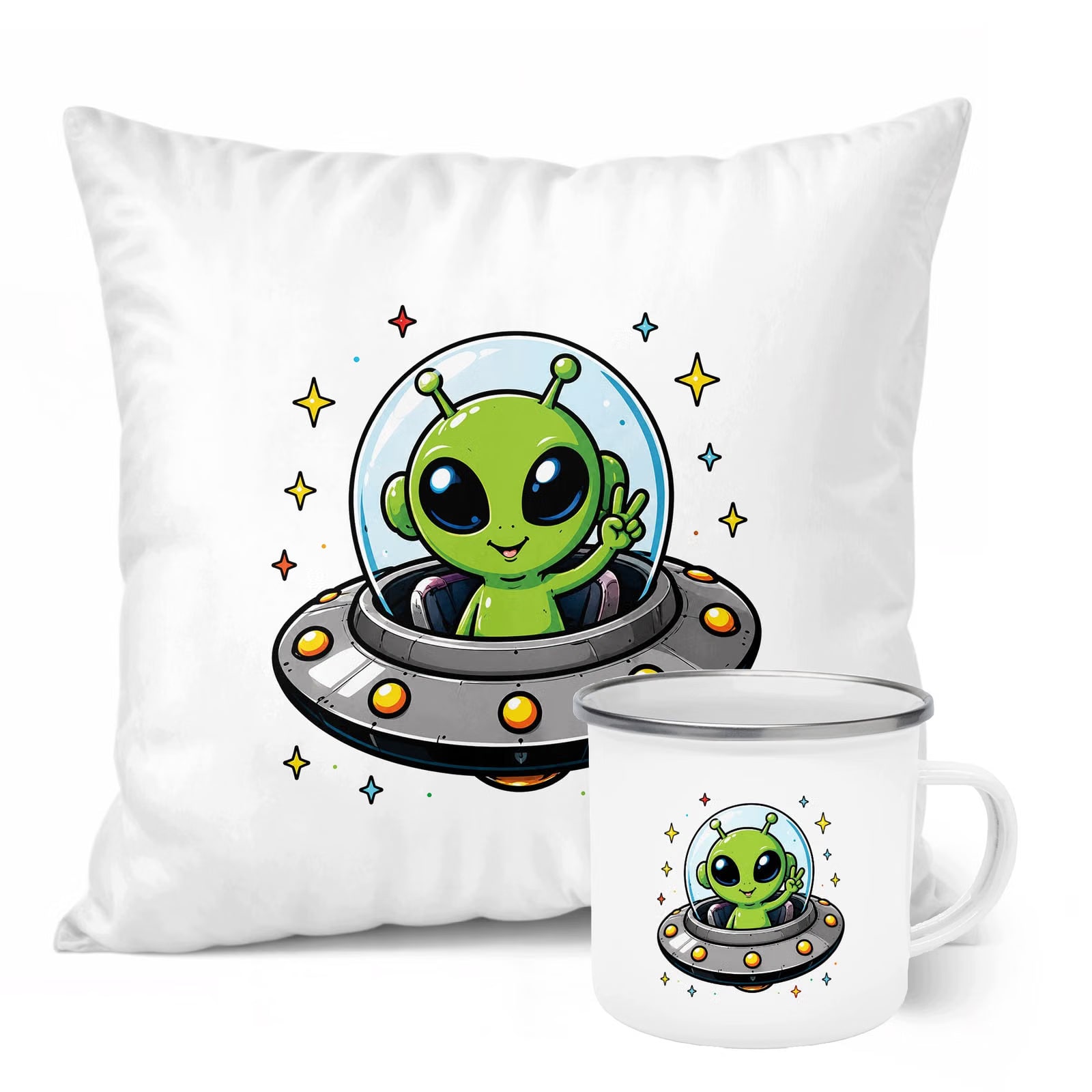 Zestaw Kubek Emaliowany Poduszka Z Nadrukiem Kosmita UFO Prezent