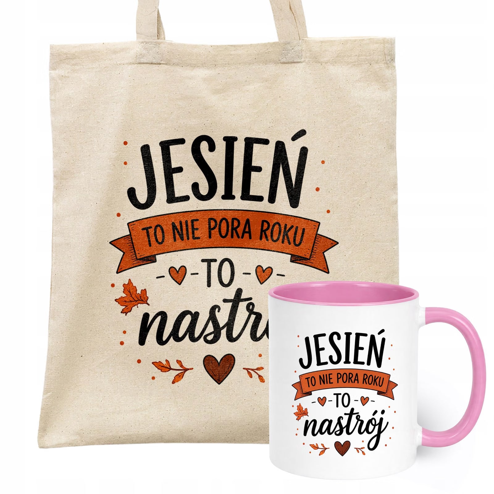 Zestaw Kubek Różowy Torba Shopper Ecru Z Nadrukiem Jesień Jesienny