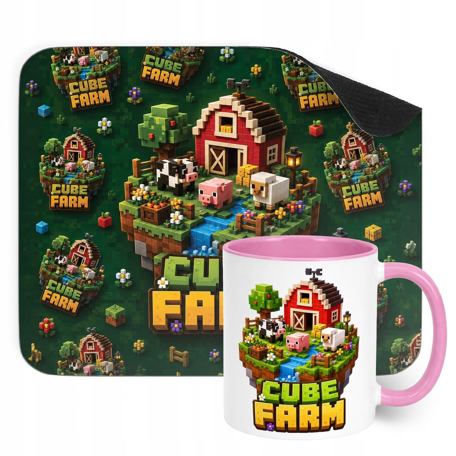 Zestaw Kubek Różowy Podkładka pod mysz z nadrukiem gra Cube Farm