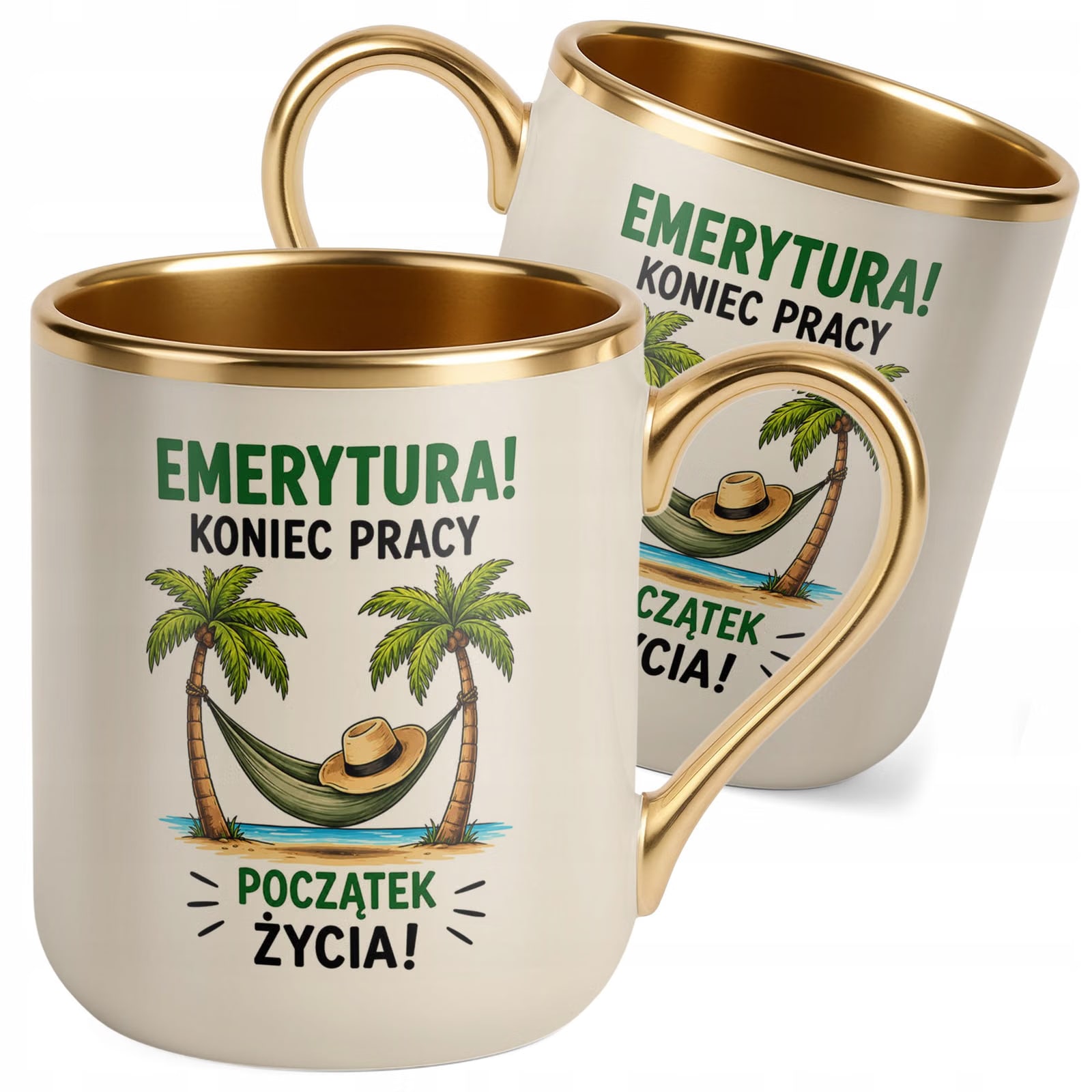 Kubek z nadrukiem Premium Złoty Ecru Emerytura Prezent Upominek