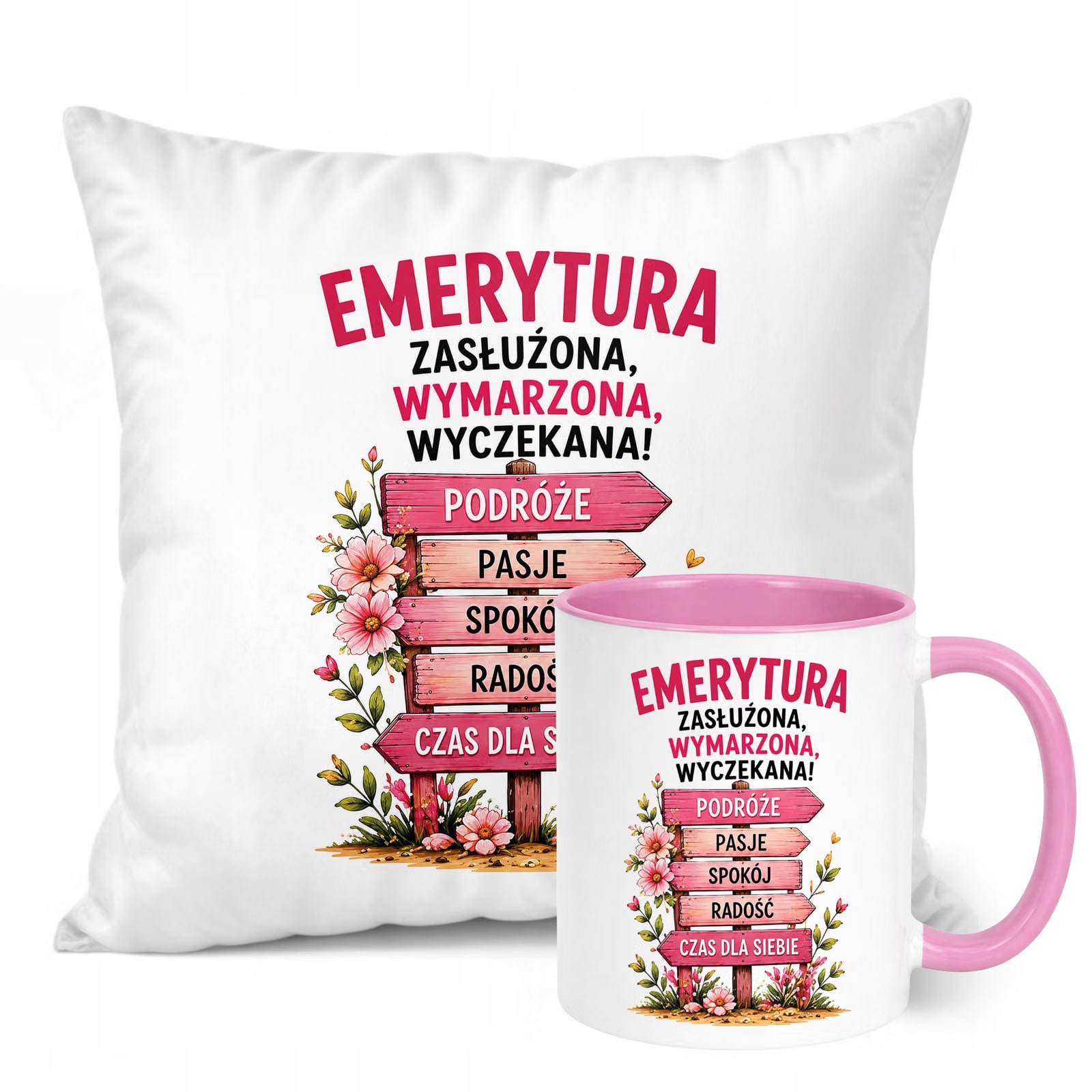 Zestaw Kubek Różowy Poduszka Z Nadrukiem Emerytura Dla Emerytki Prezent