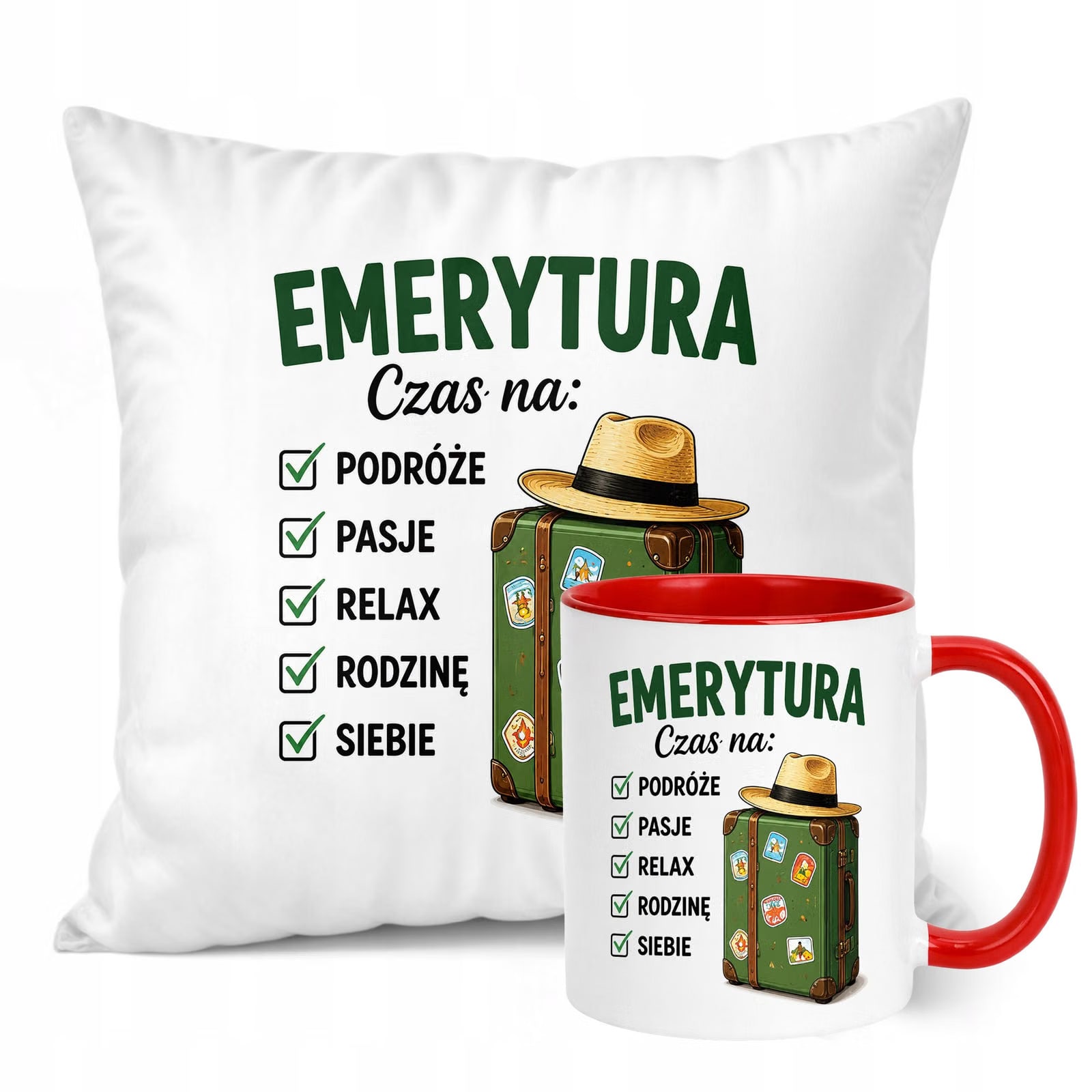 Zestaw Kubek Czerwony Poduszka Z Nadrukiem Emerytura Prezent