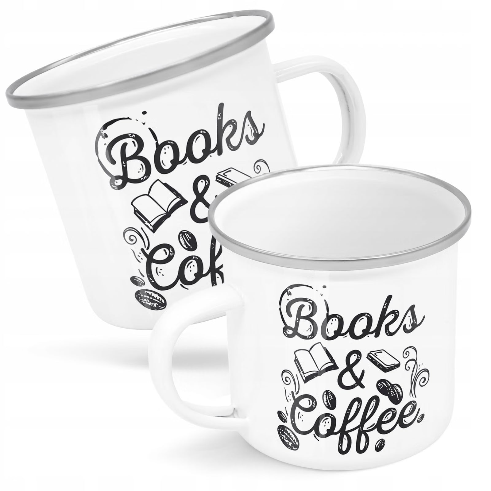 Kubek Emaliowany Coffee And Books Dla Fanów z Nadrukiem Biały Metalowy