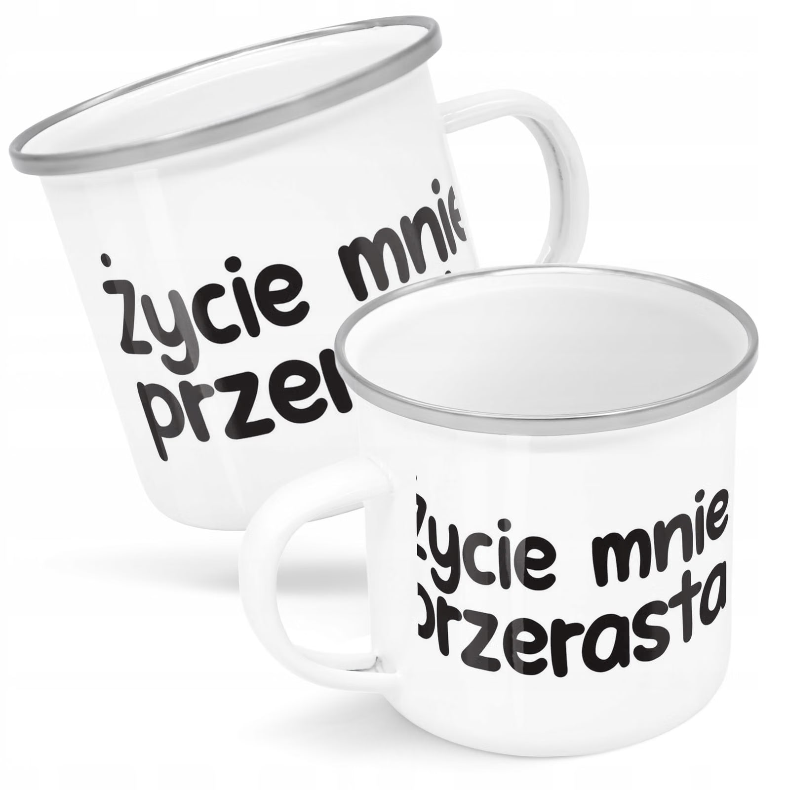 Kubek Emaliowany Życie Mnie Przerasta Zabawny z Nadrukiem Biały Metalowy
