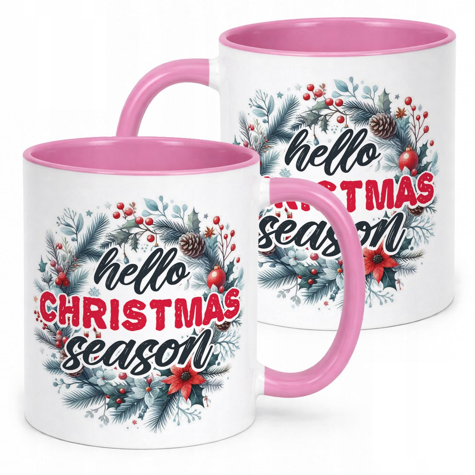 Kubek Różowy z Nadrukiem Boże Narodzenie Hello Christmas Season Prezent