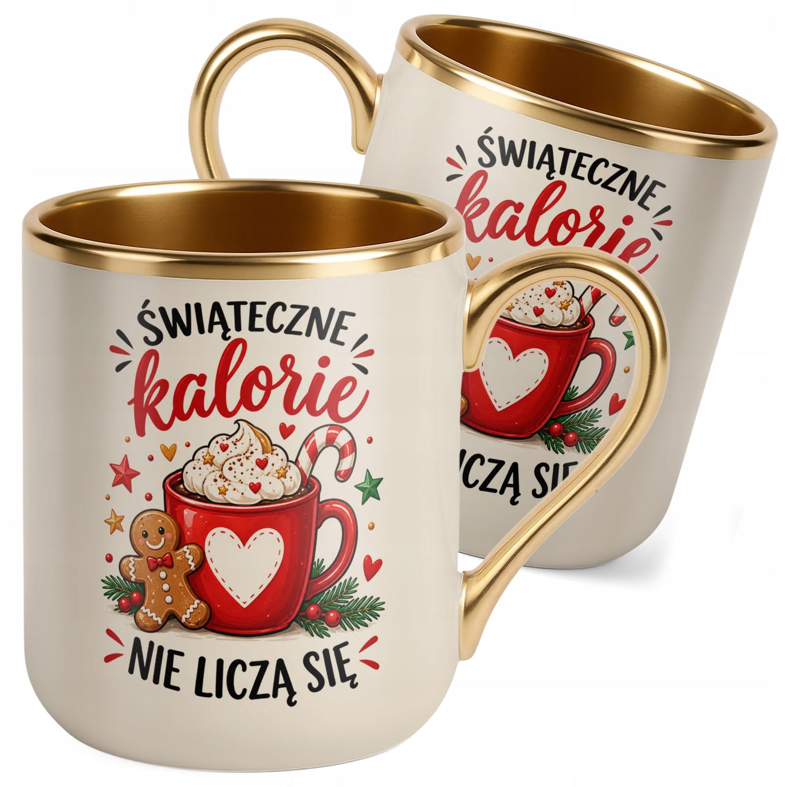 Kubek Premium Złoty Ecru Boże Narodzenie Mikołajki Świąteczne Kalorie