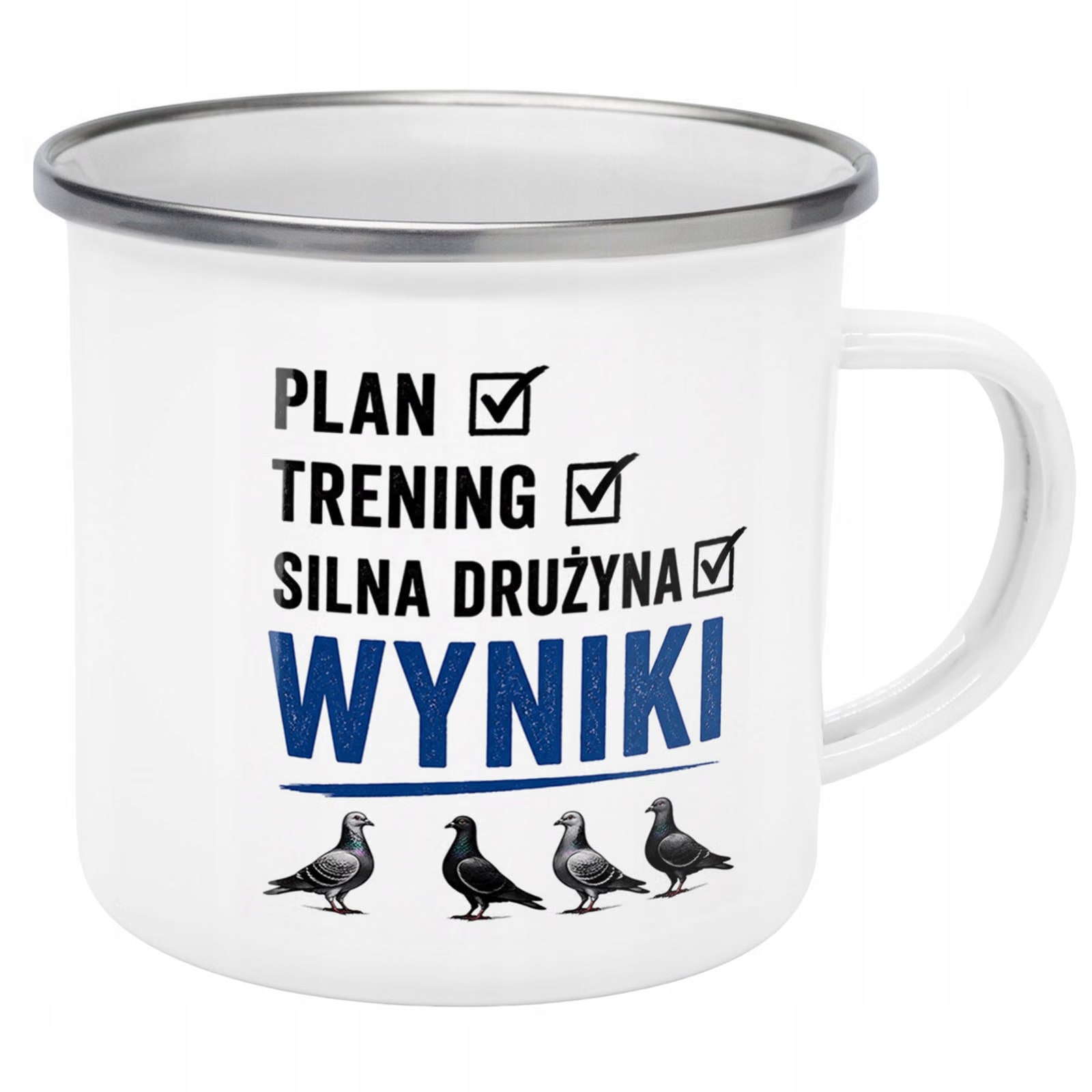 Kubek Emaliowany Dla Hodowcy Gołębi z Nadrukiem Biały Metalowy Prezent