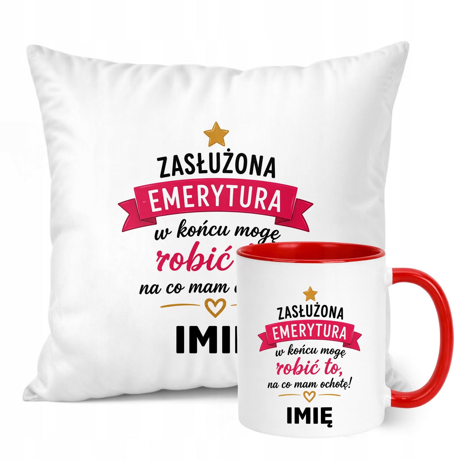 Zestaw Personalizowany Kubek Czerwony Poduszka Emerytura Upominek Prezent