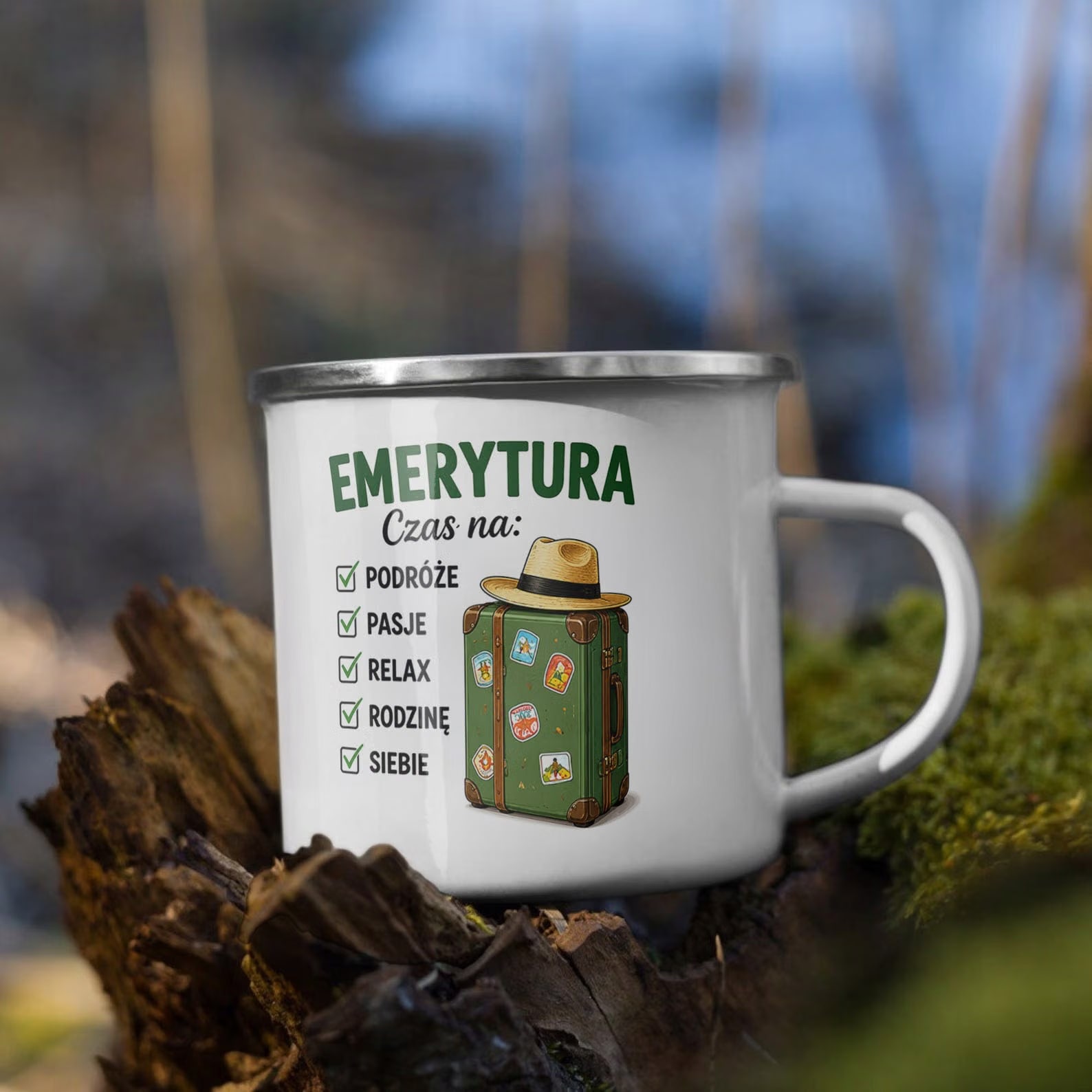 Kubek Emaliowany Emerytura z Nadrukiem Biały Metalowy Prezent