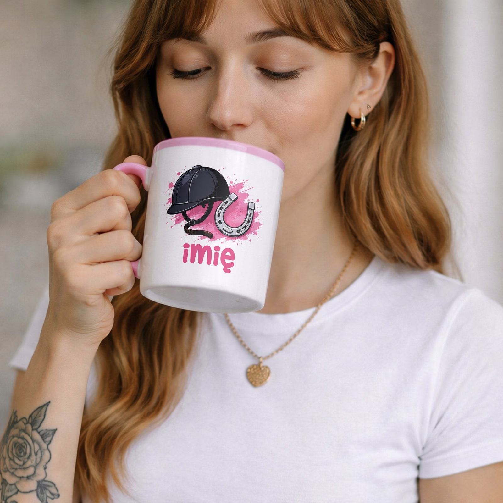 Zestaw Personalizowany Kubek Różowy Poduszka Koń Prezent