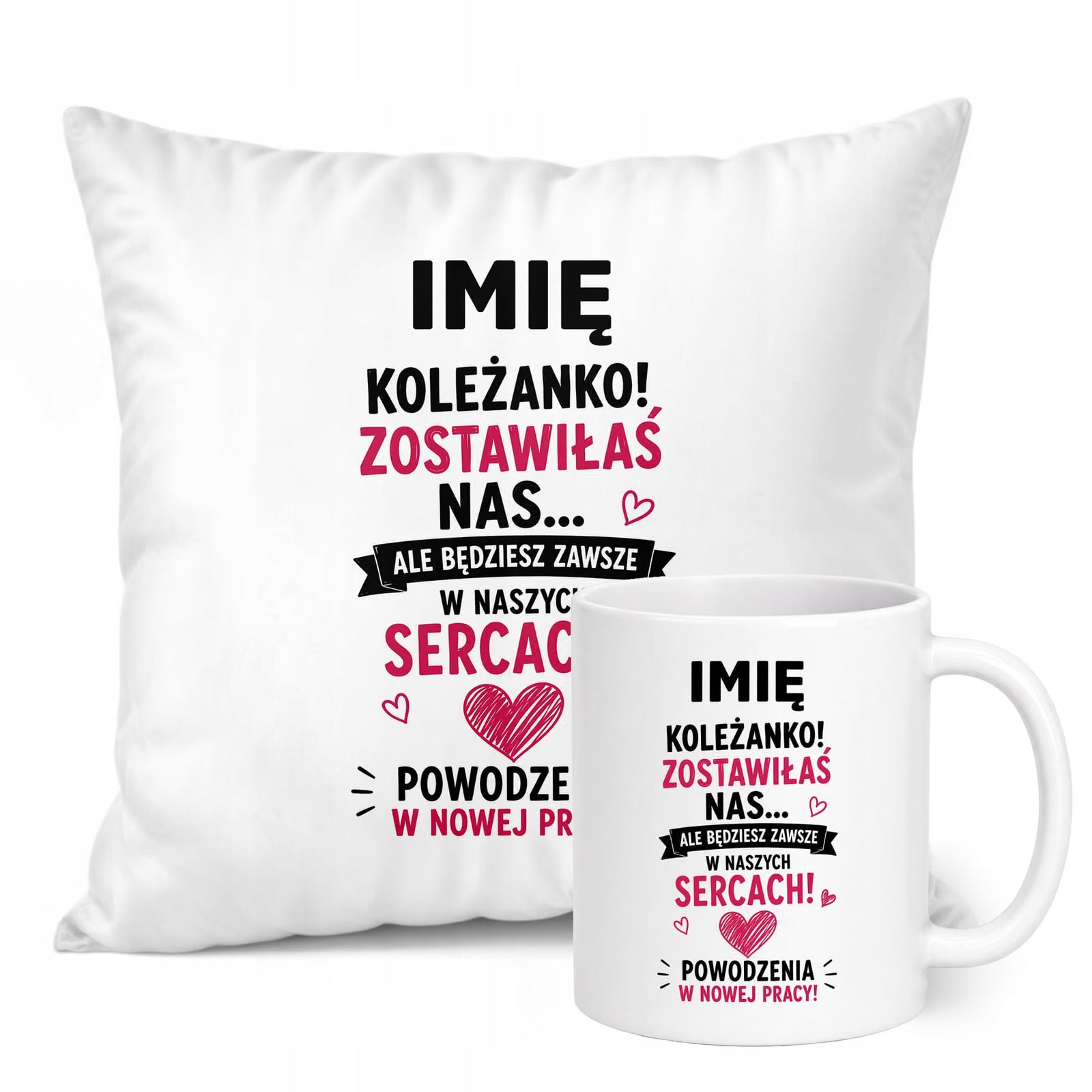 Zestaw Personalizowany Kubek Biały Poduszka Odejście z Pracy Prezent
