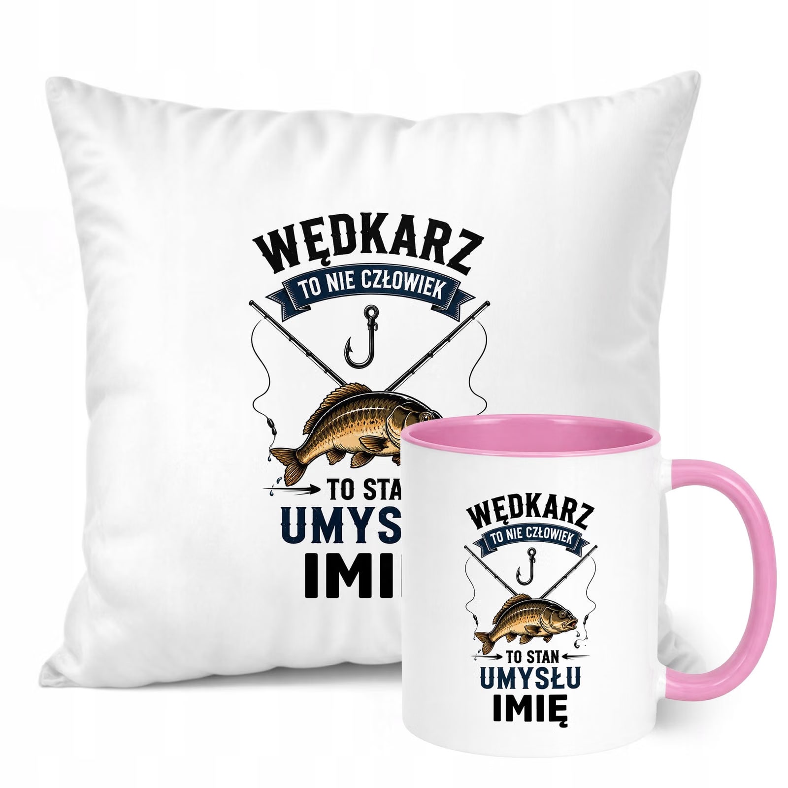 Zestaw Personalizowany Kubek Różowy Poduszka Z Nadrukiem Dla Wędkarza