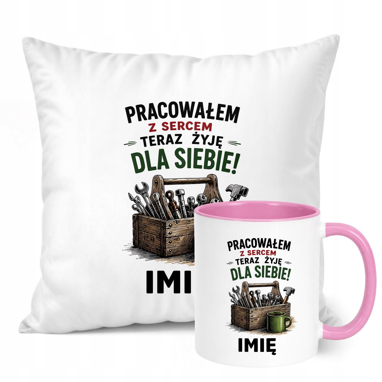 Zestaw Personalizowany Kubek Różowy Poduszka Emerytura Upominek Prezent