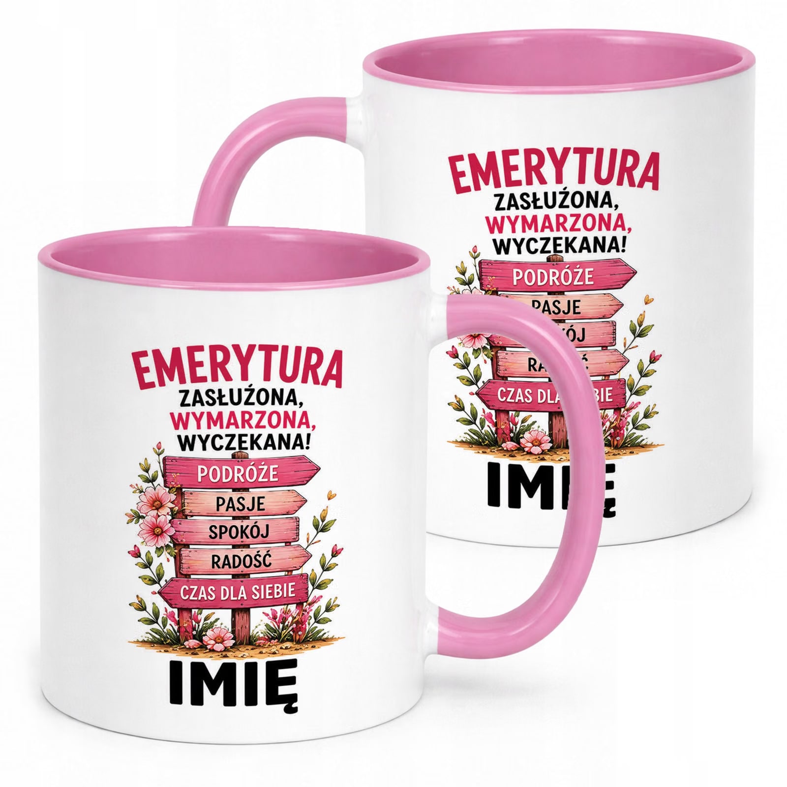 Kubek Różowy Personalizowany z Nadrukiem Emerytura Dla Emerytki Prezent