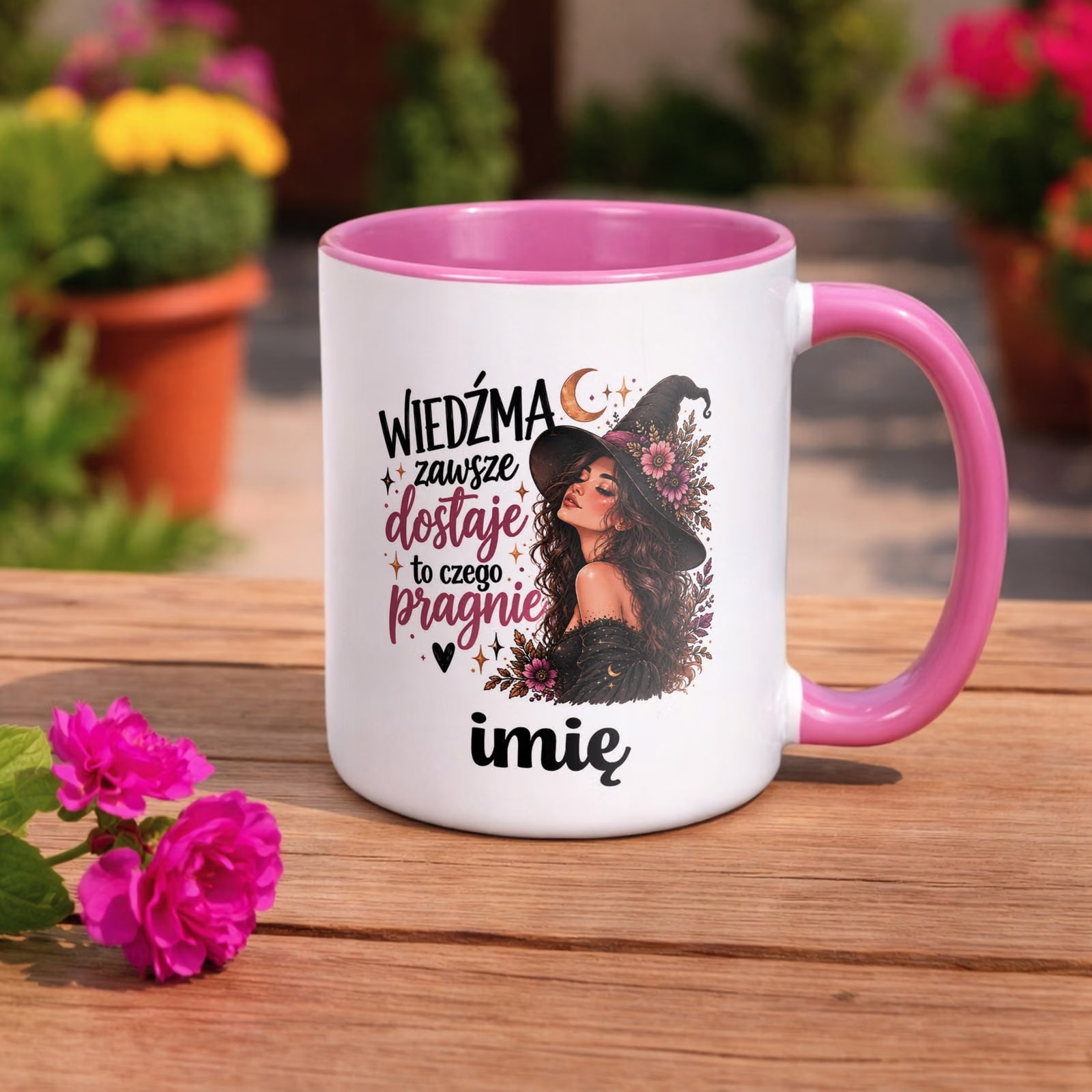 Kubek Różowy Personalizowany z Nadrukiem Dla Kobiet Czarownica Wiedźma