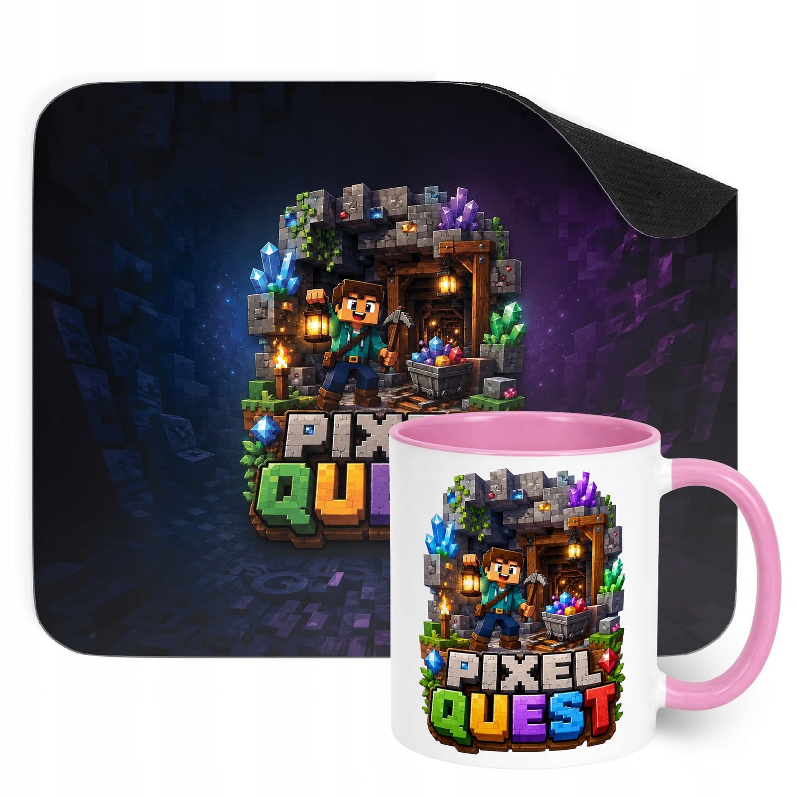 Zestaw Kubek Różowy Podkładka pod mysz z nadrukiem gra Pixel Quest