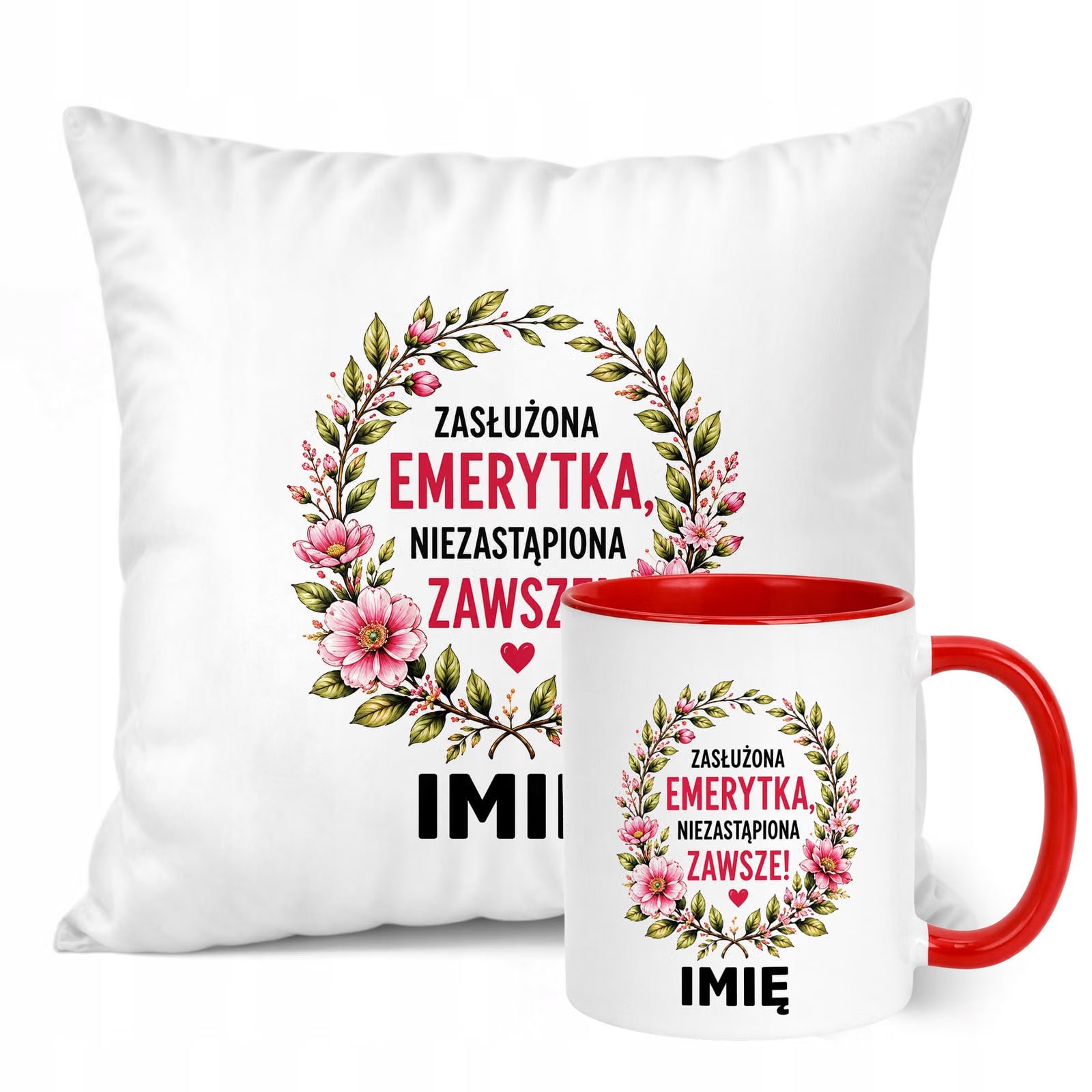 Zestaw Personalizowany Kubek Czerwony Poduszka Emerytura Upominek Prezent