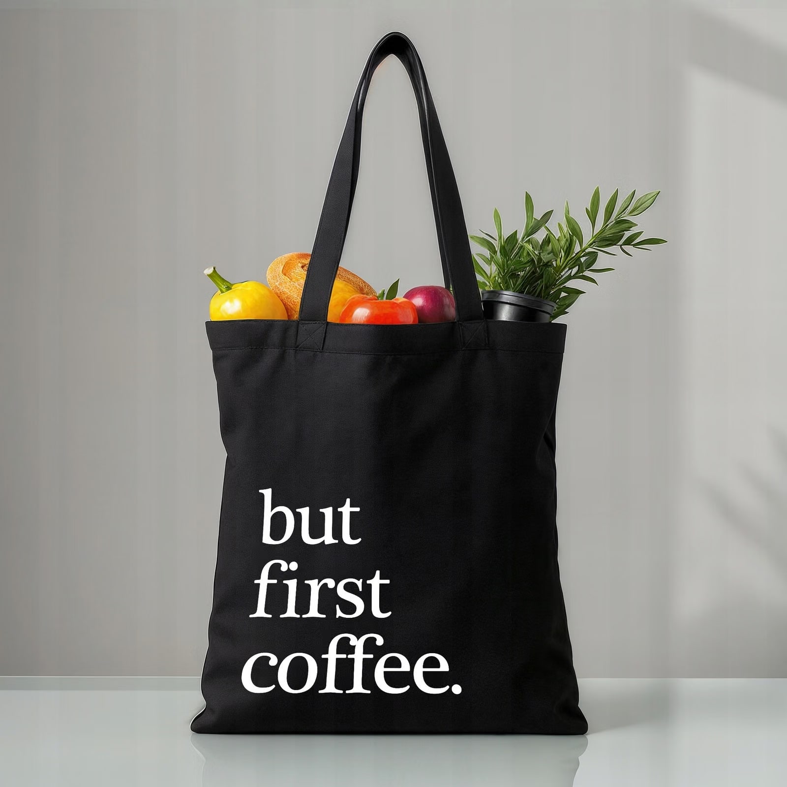 Torba bawełniana czarna na zakupy But First Coffee