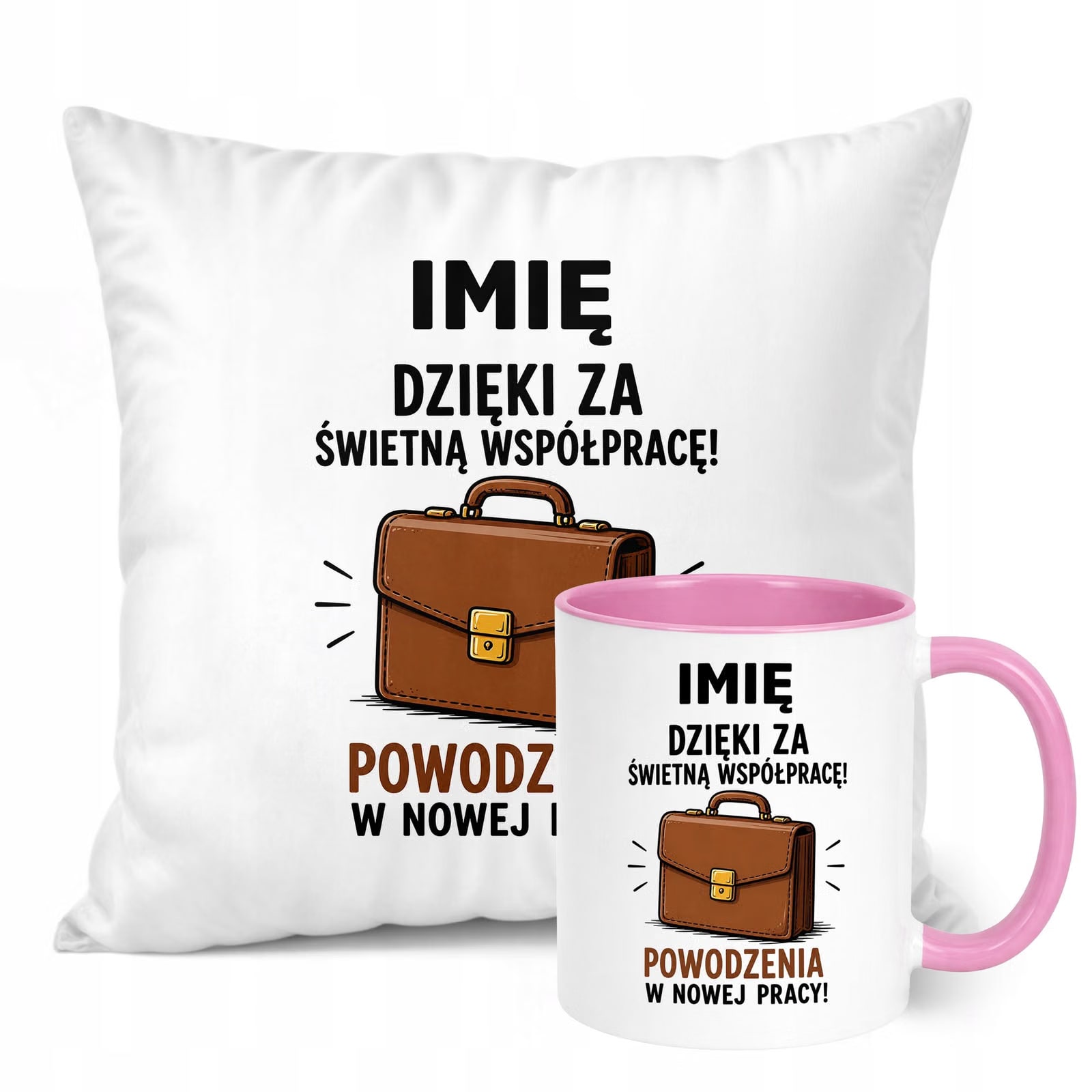 Zestaw Personalizowany Kubek Różowy Poduszka Odejście z Pracy Prezent
