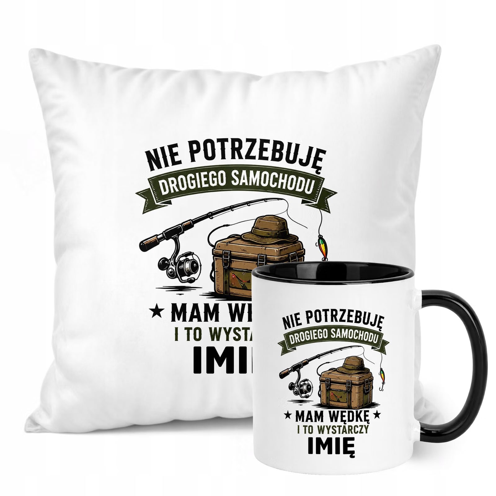 Zestaw Personalizowany Kubek Czarny Poduszka Z Nadrukiem Dla Wędkarza