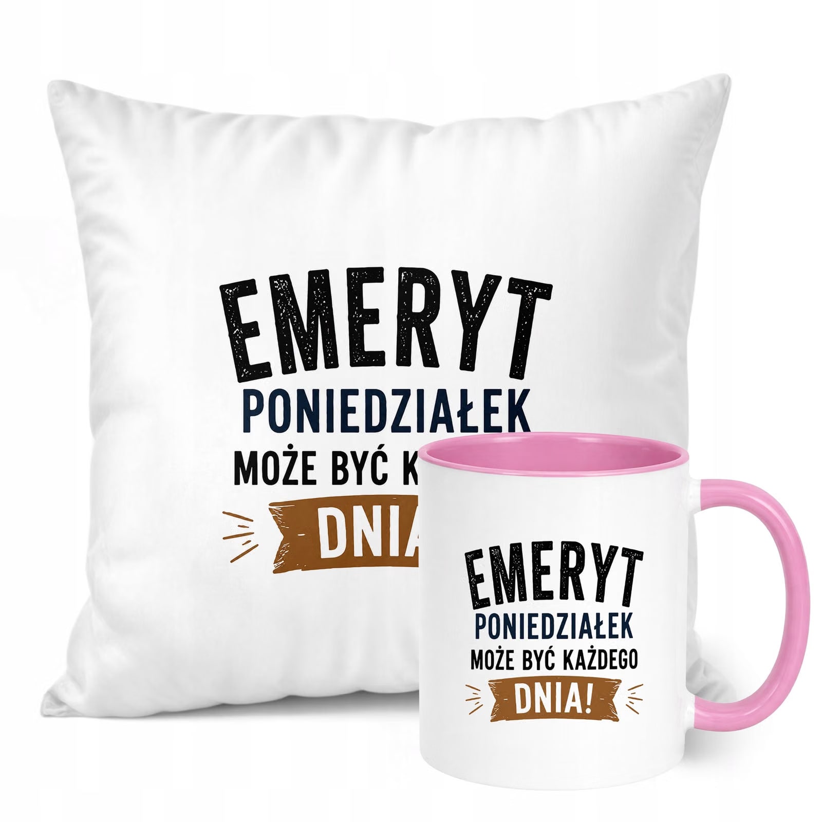 Zestaw Kubek Różowy Poduszka Z Nadrukiem Emerytura Dla Emeryta Prezent