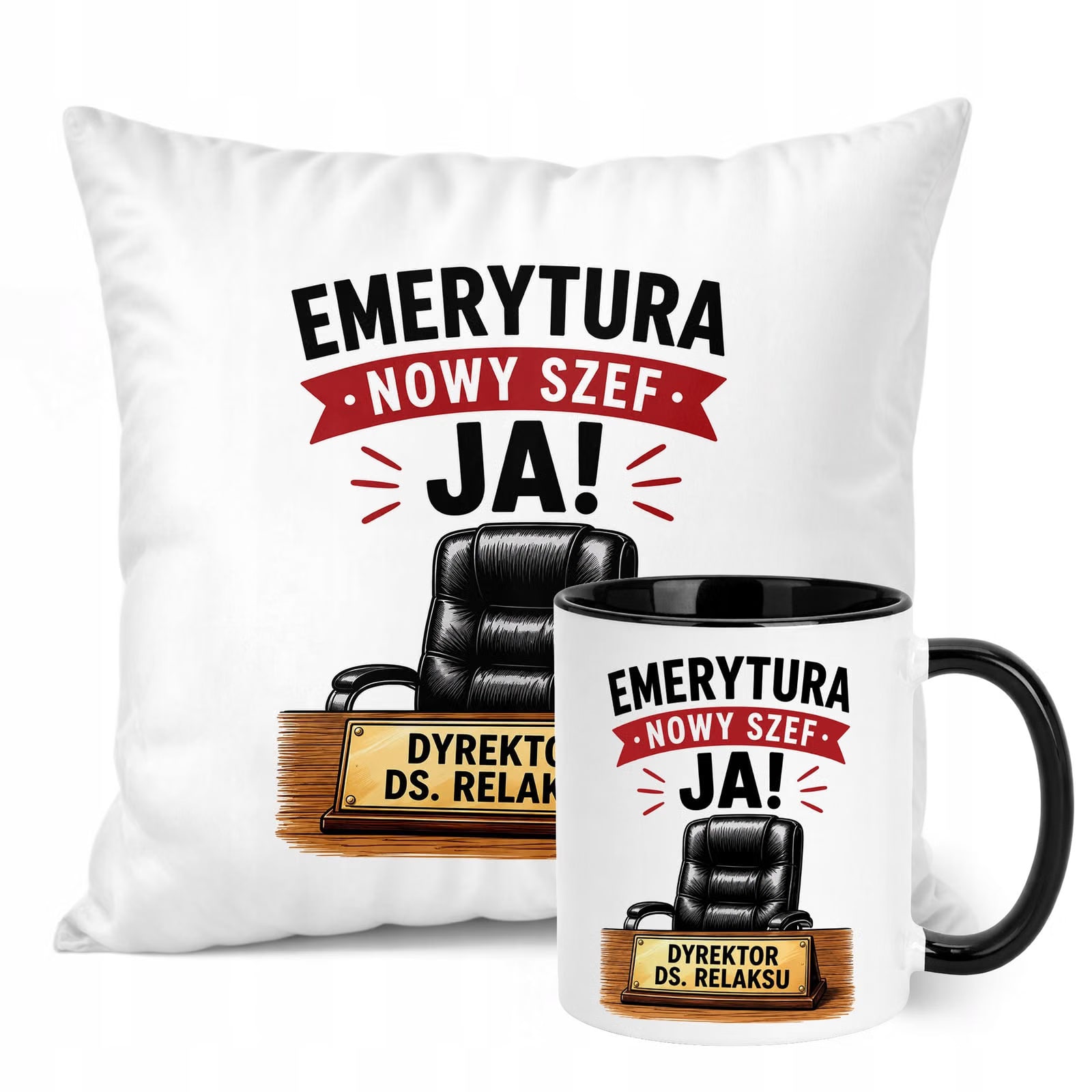 Zestaw Kubek Czarny Poduszka Z Nadrukiem Emeryture Dla Emeryta Prezent