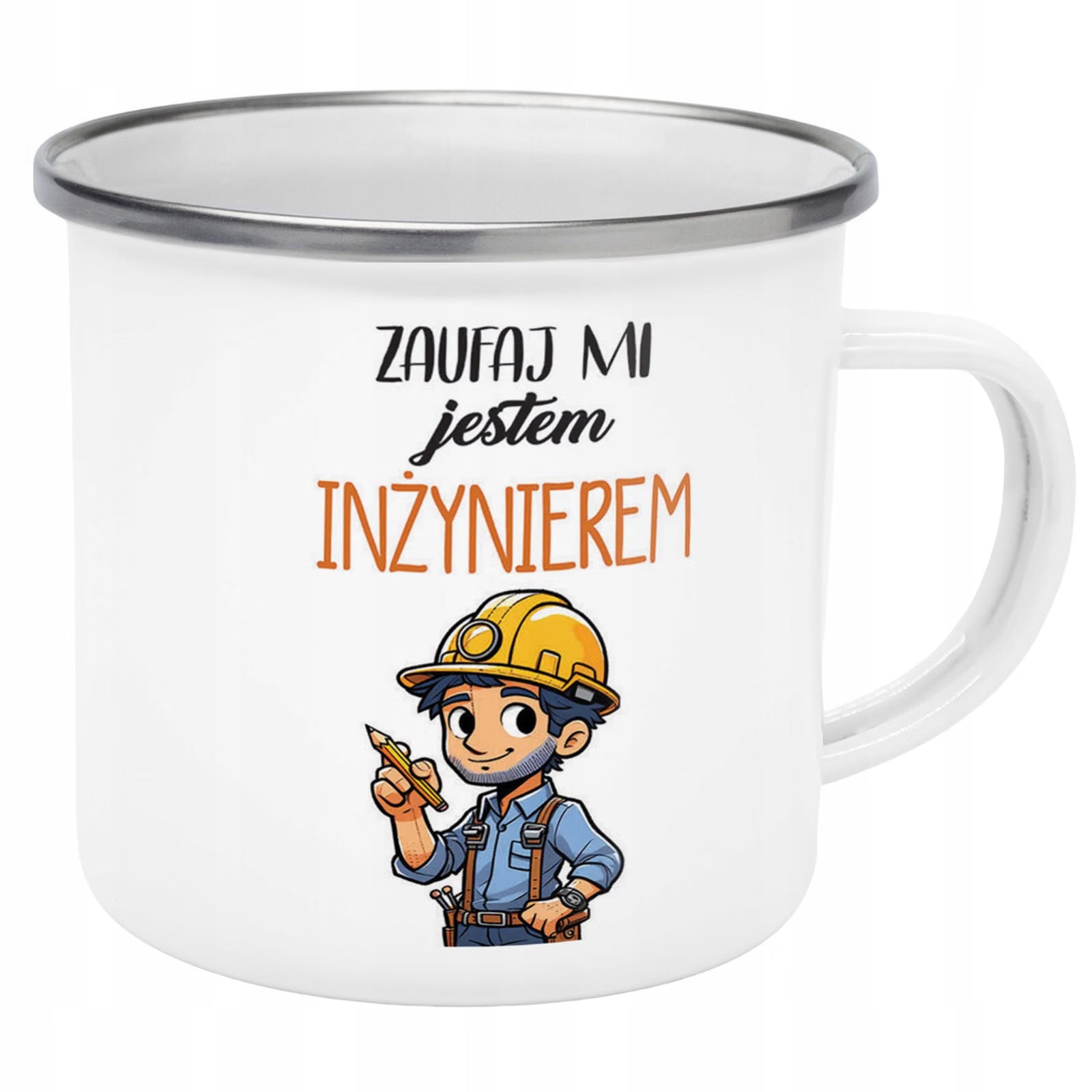 Kubek Emaliowany Zaufaj Mi Jestem Inżynierem z Nadrukiem Biały Metalowy