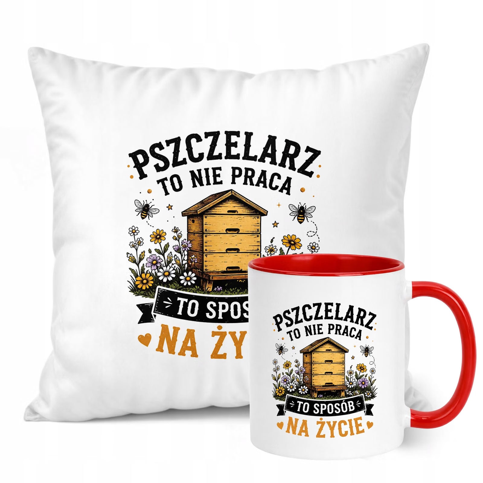 Zestaw Kubek Czerwony Poduszka Z Nadrukiem Dla Pszczelarza Prezent