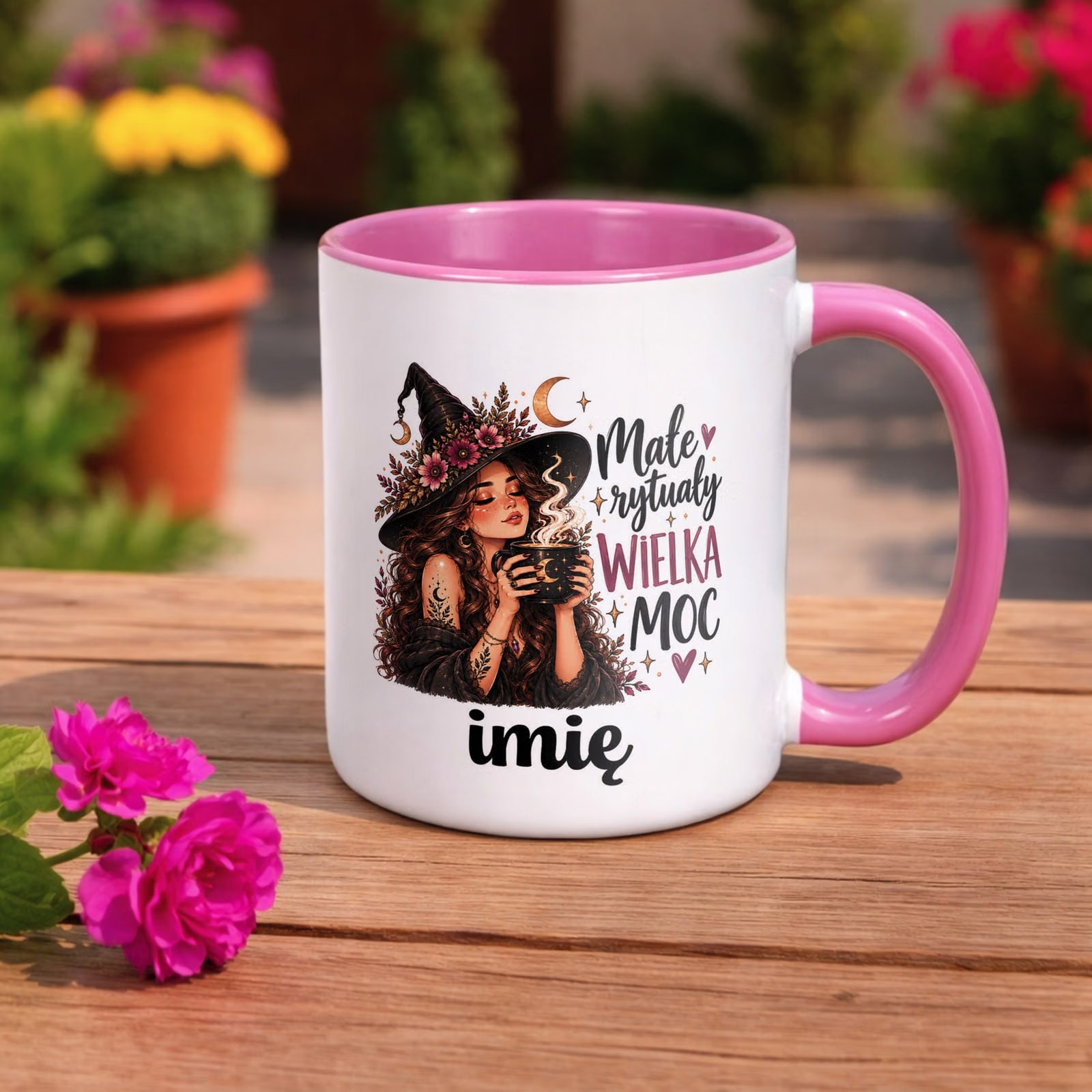 Kubek Różowy Personalizowany z Nadrukiem Dla Kobiet Czarownica Wiedźma