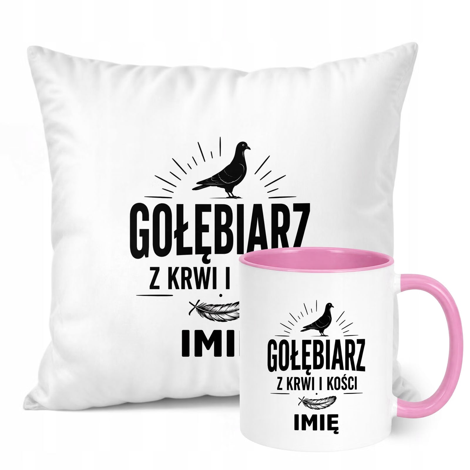 Zestaw Personalizowany Kubek Różowy Poduszka Z Nadrukiem Dla Gołębiarza