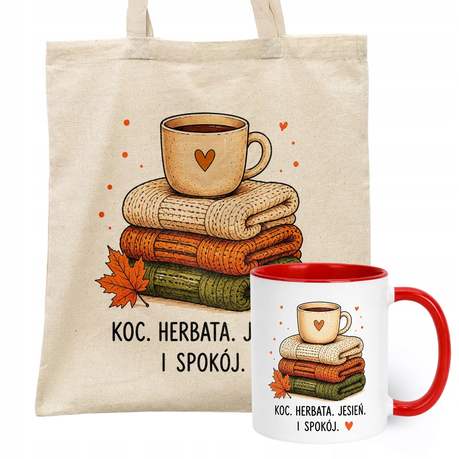 Zestaw Kubek Czerwony Torba Shopper Ecru Z Nadrukiem Jesień Jesienny