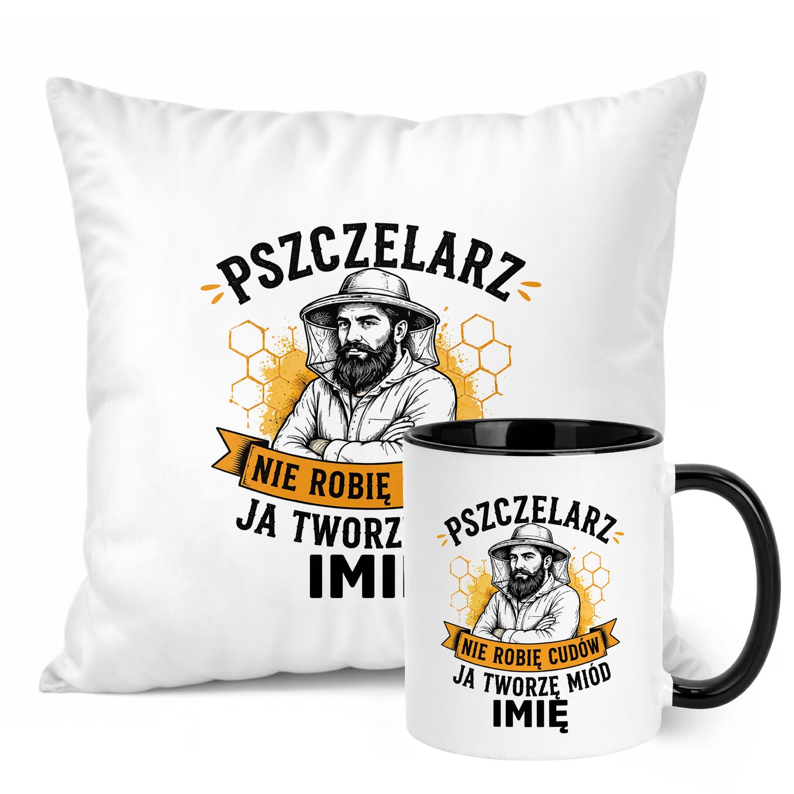 Zestaw Personalizowany Kubek Czarny Poduszka Z Nadrukiem Dla Pszczelarza