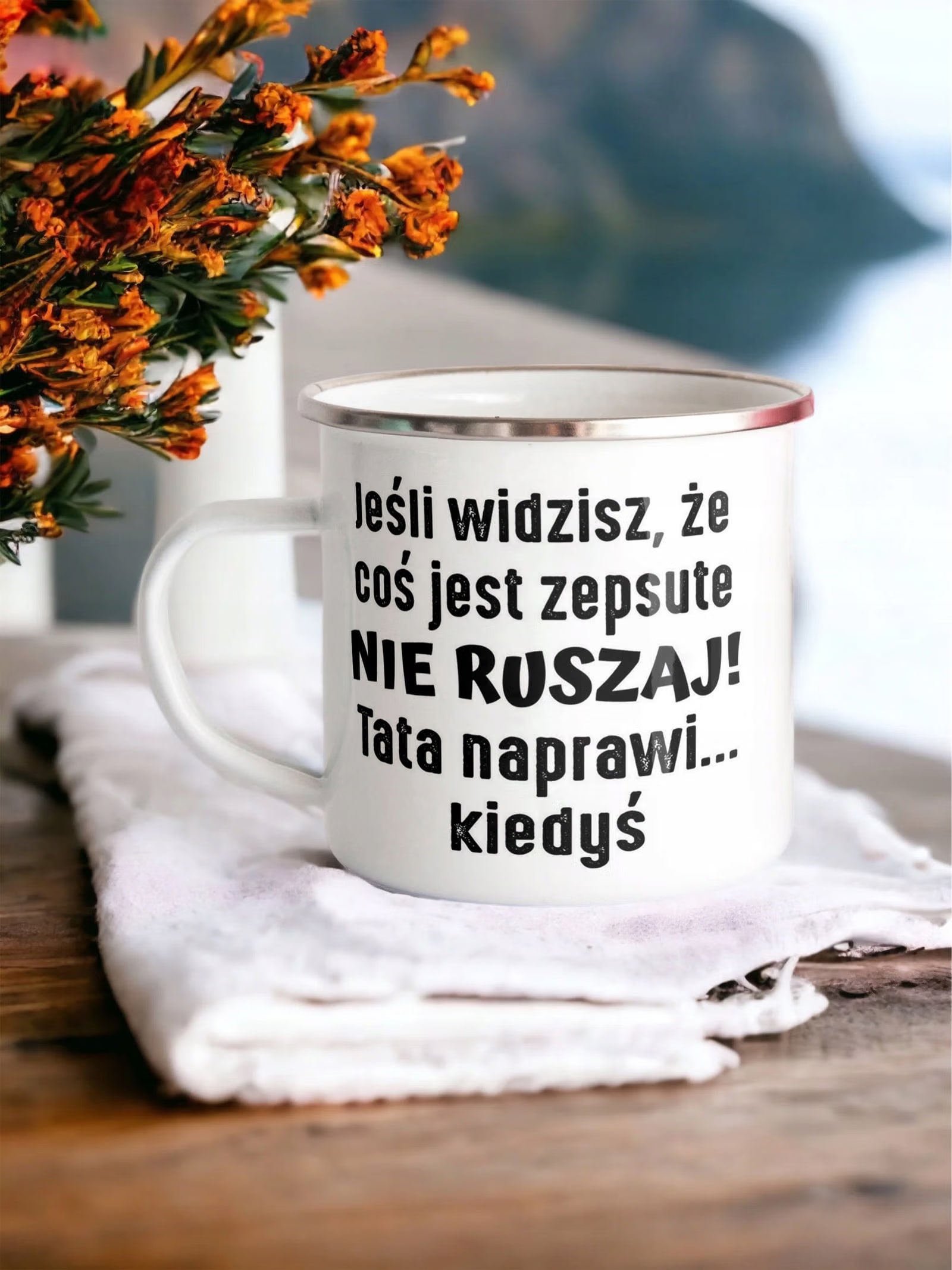 Kubek Emaliowany Dzień Ojca Dla Taty Tata z Nadrukiem Biały Metalowy
