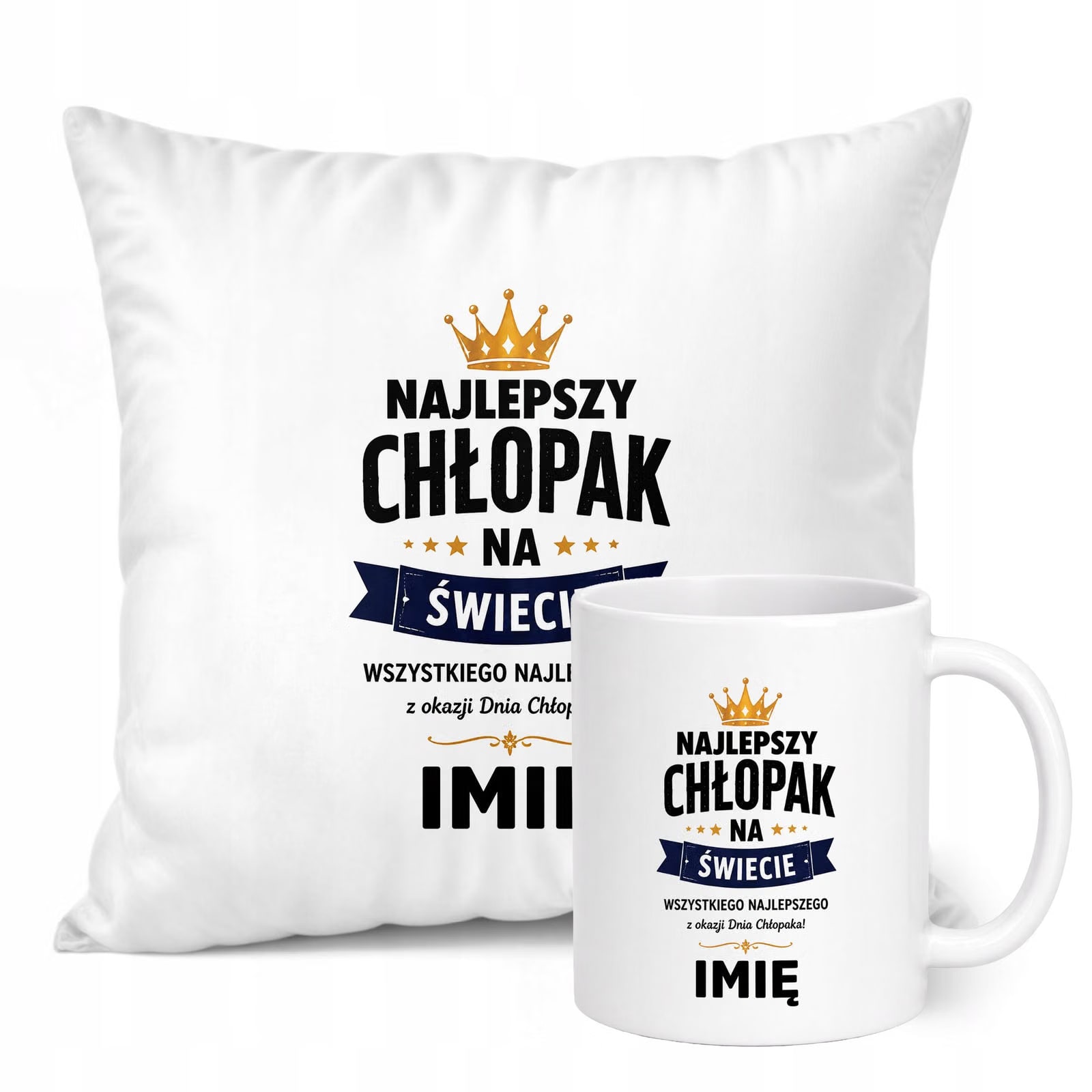 Zestaw Personalizowany Kubek Biały Poduszka Dzień Chłopaka Z Nadrukiem