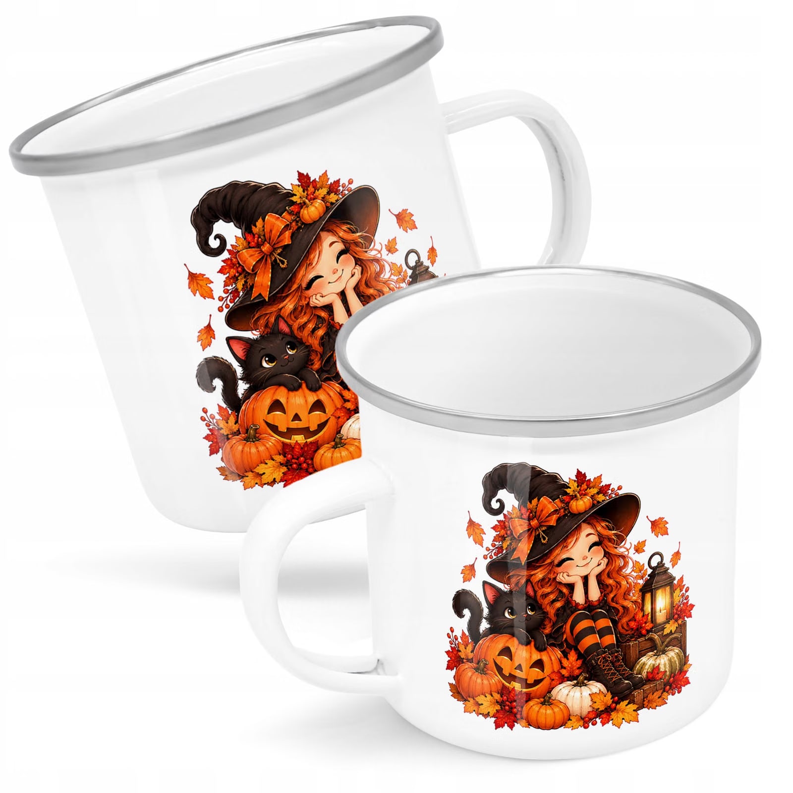 Kubek Emaliowany Halloween Czarownica Kot z Nadrukiem Biały Metalowy