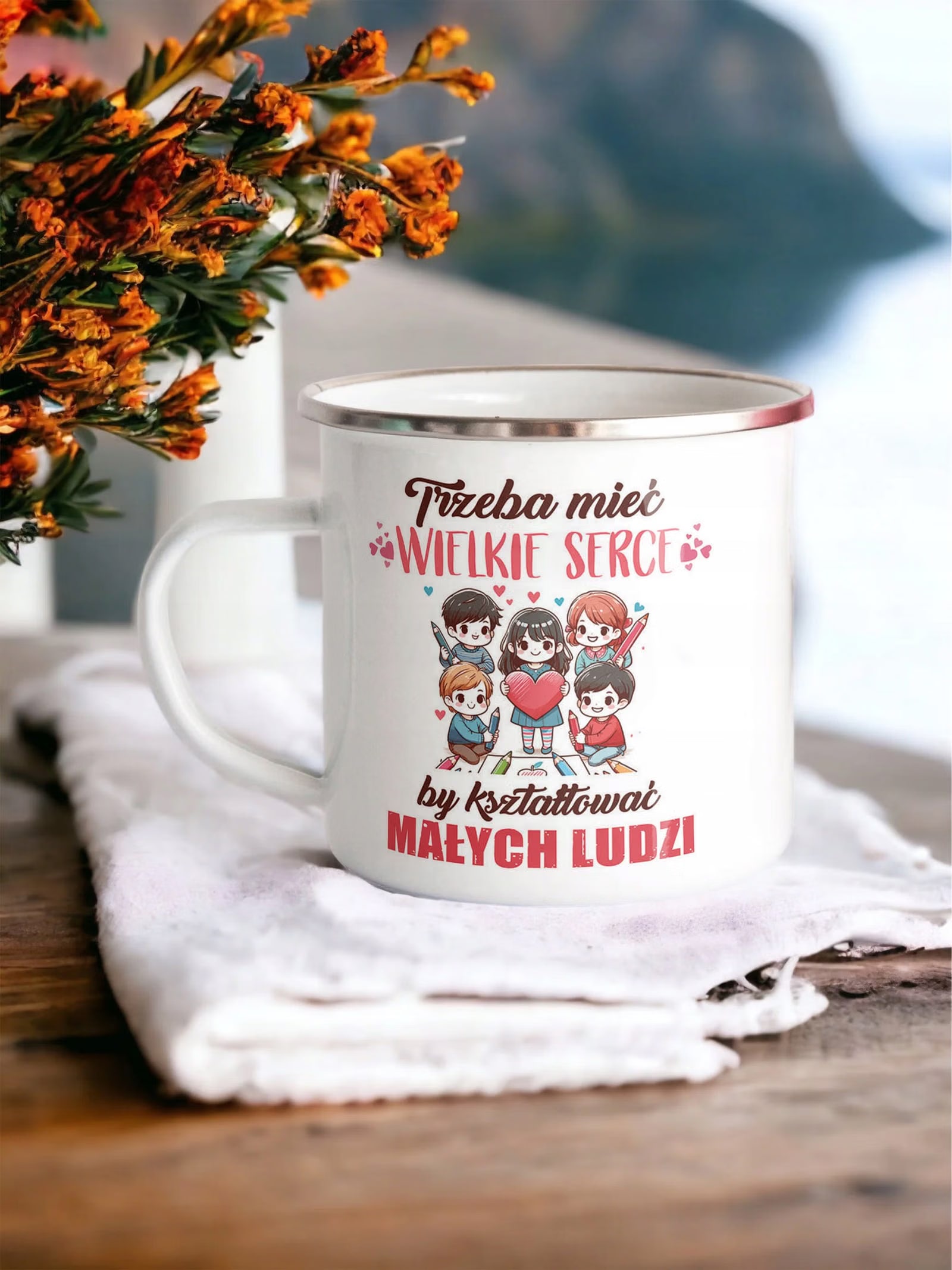 Kubek Emaliowany Dla Przedszkolanki Nauczycielki z Nadrukiem Biały Metalowy