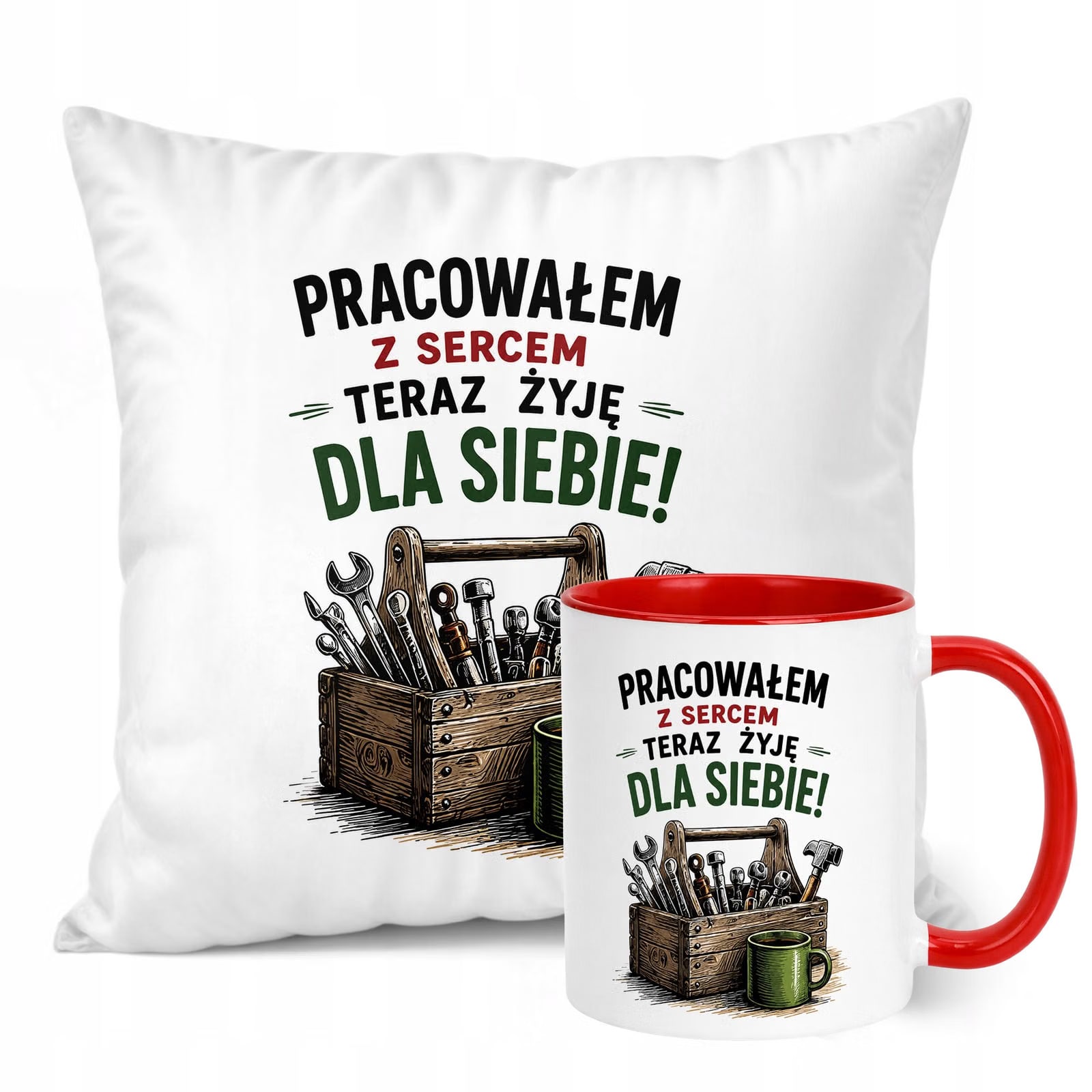 Zestaw Kubek Czerwony Poduszka Z Nadrukiem Emerytura Dla Emeryta Prezent