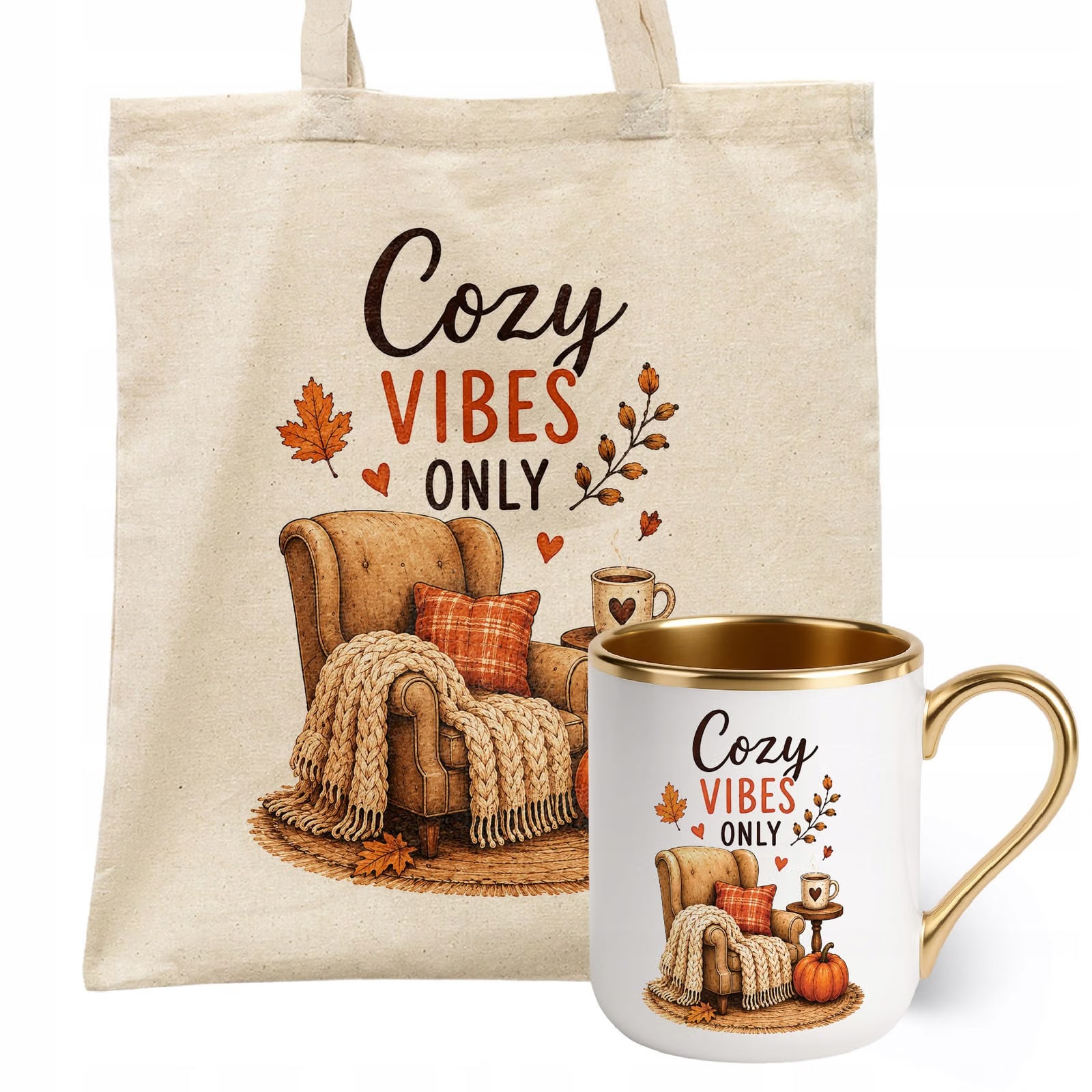 Zestaw Kubek Premium Złoty Torba Shopper Ecru Z Nadrukiem Jesień